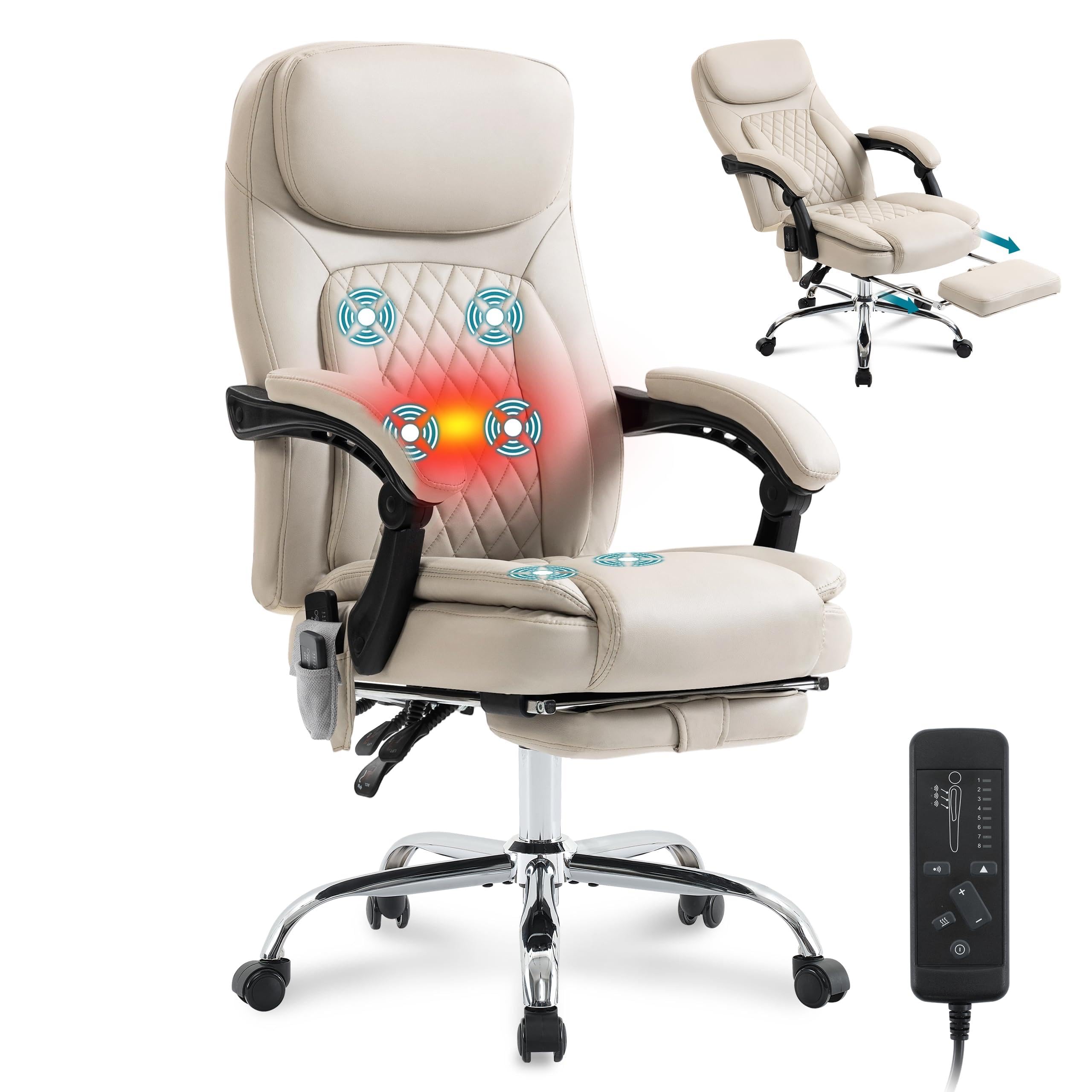 6-Point Massage Office Chair with Heated, Ergonomic Office Chair with Footrest &amp; 45°Reclining High Back, Big and Tall Executive Office Chair 500LBS, Thick Cushion Desk Chair for Home Office, Beige(PU)