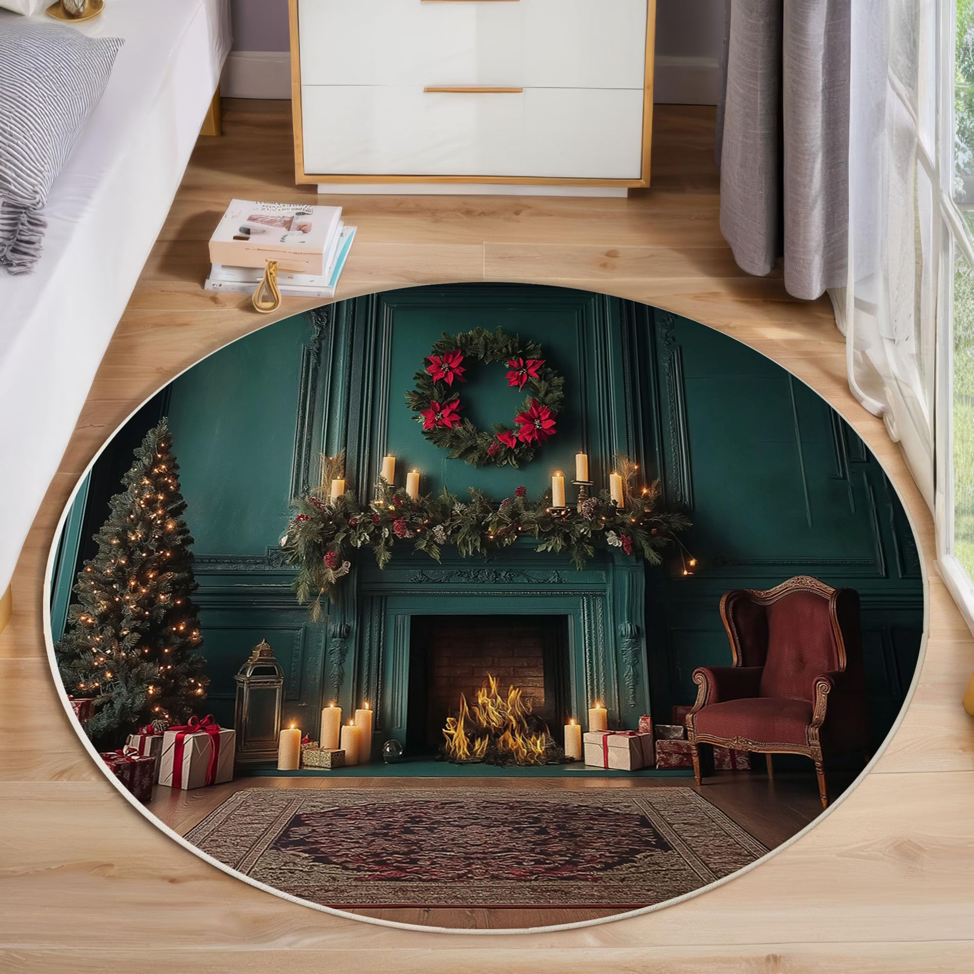 Tapis de Noël rond vert émeraude doux et paillasson antidérapant de salon