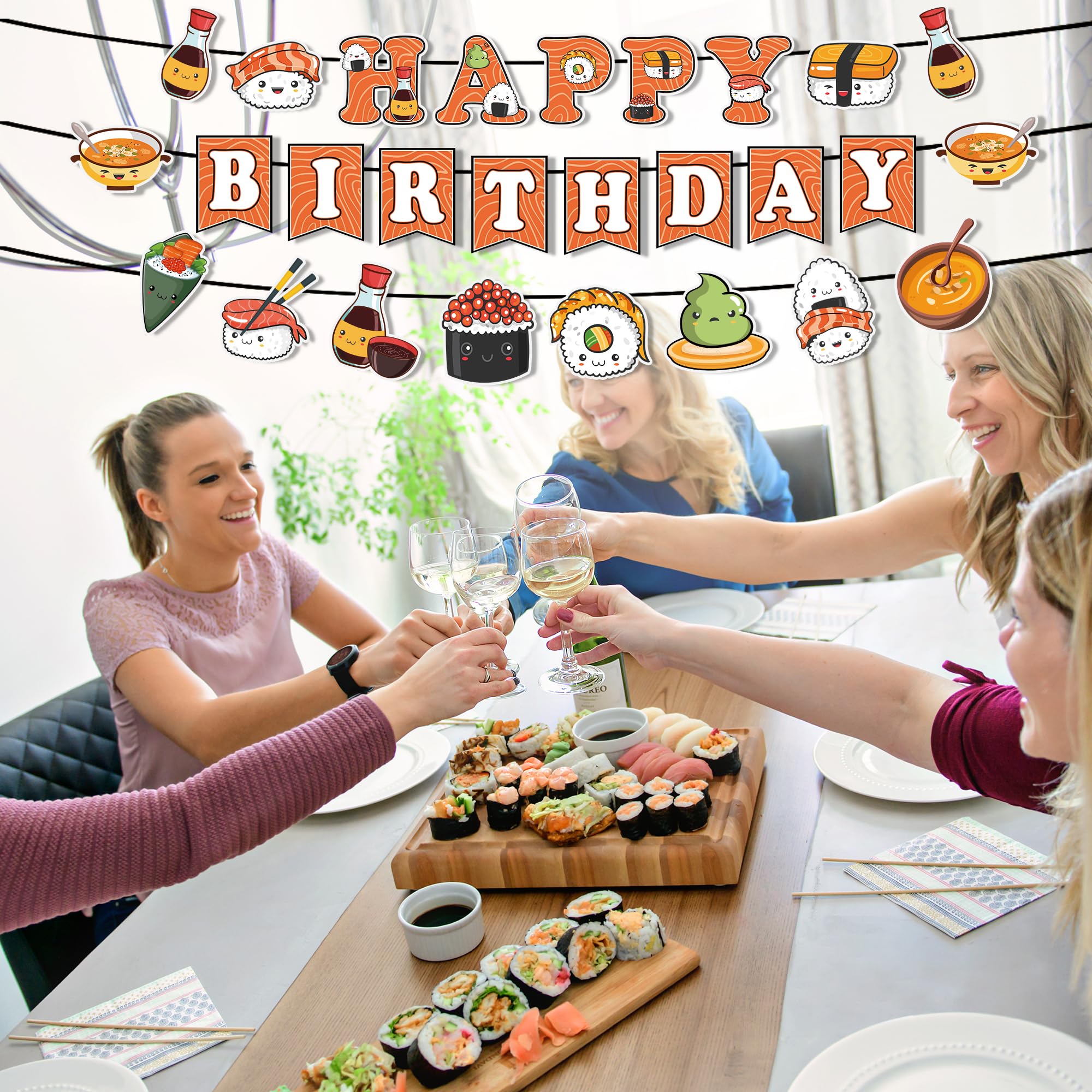 Pancartas de sushi con texto en inglés «Happy Birthday» – 3 unidades de guirnaldas de sushi japonesas, decoraciones de fiesta de sushi japonés, suministros para fiestas de cumpleaños con temática de 3