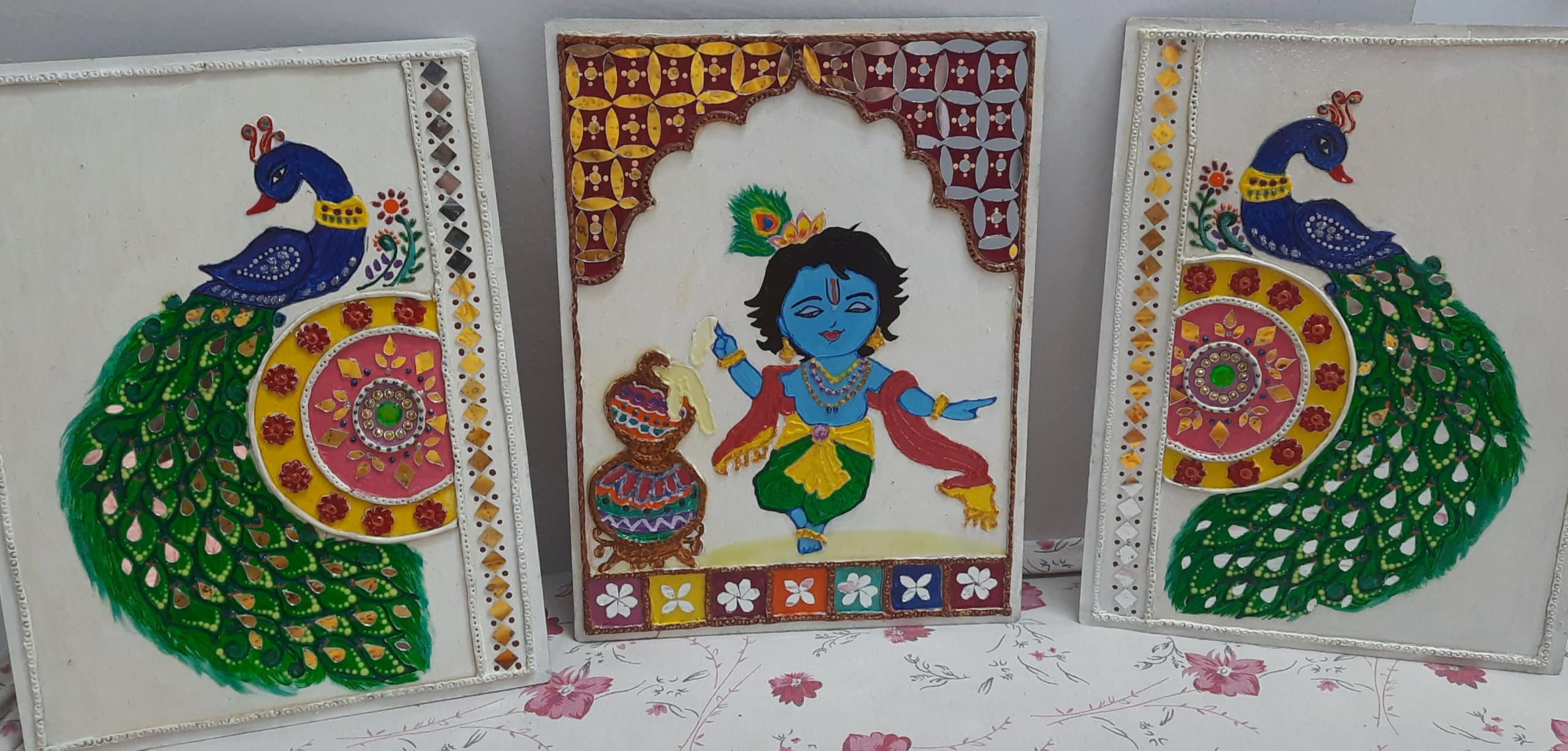 Janmastami Special Hand-painted wit mud and mirror laddoo gopal with pair of Beautiful peacock-picture-25
