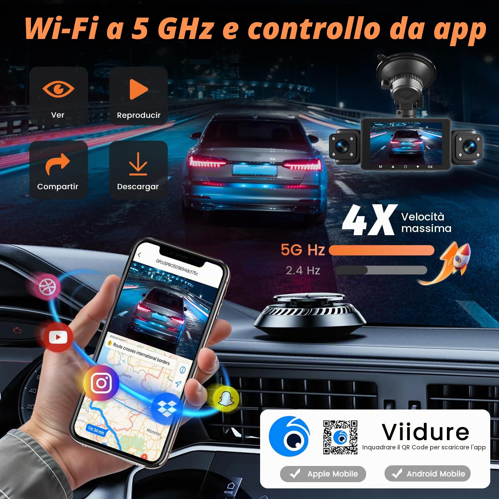 Roinvou Dashcam 2K Anteriore e Posteriore WiFi, IPS 3'' SD 64GB