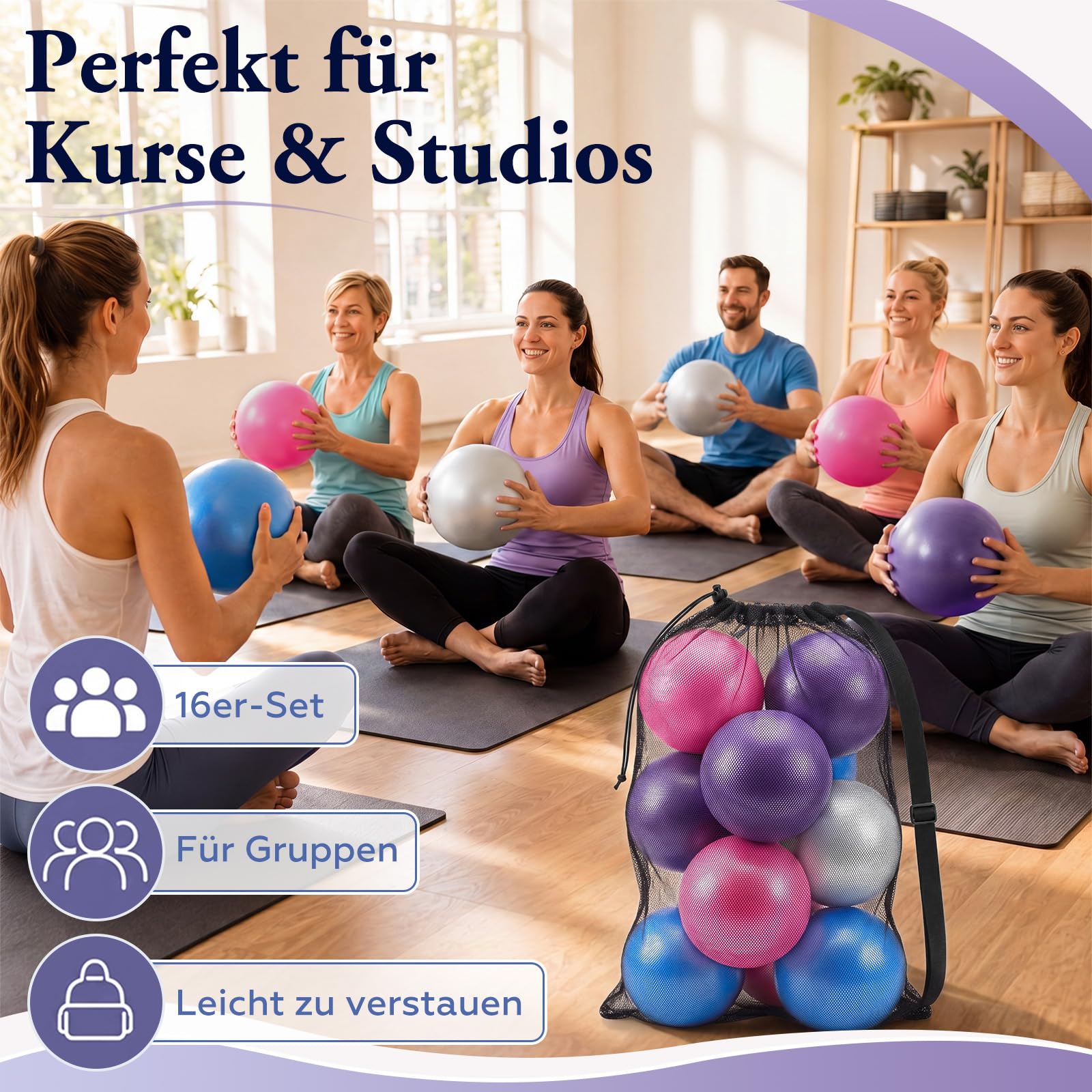 BBTO Juego de 16 Pelotas de Pilates 25 cm Tamaño Pequeño Antideslizantes, a Prueba de Explosiones con Red y Dispositivo de Inflado para Fitness Equilibrio y Fisioterapia (Azul, Morado, Rosa, Gris)