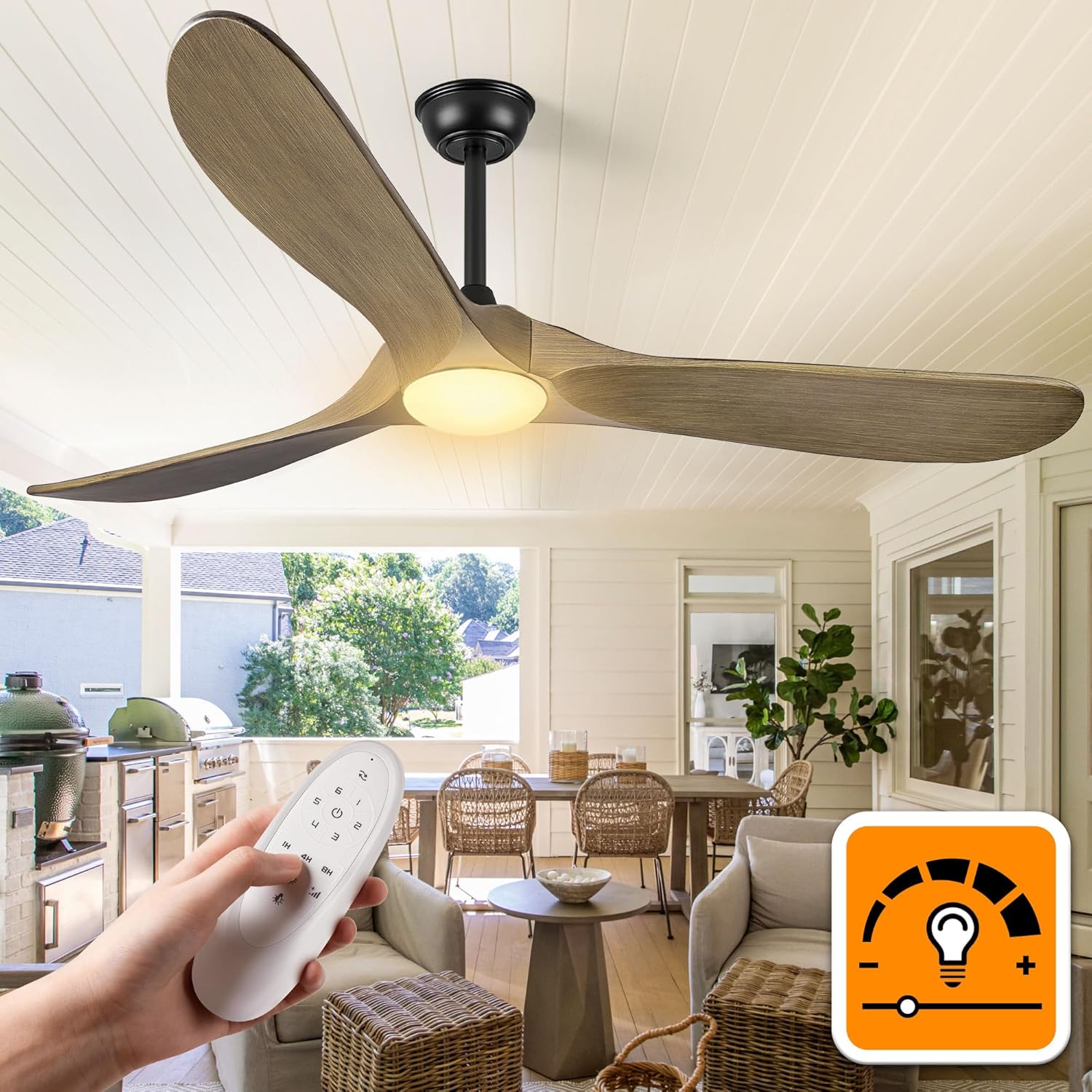 Haipeel 60 Inch Ceiling Fans with Lights, Propeller Solid Wood Ceiling Fans with Light and Remote Control for Outdoor Ceiling Fan with Light for Patio Farmhouse, DC ETL Listed, Bronze Gray Bronze Gray 60 INCH