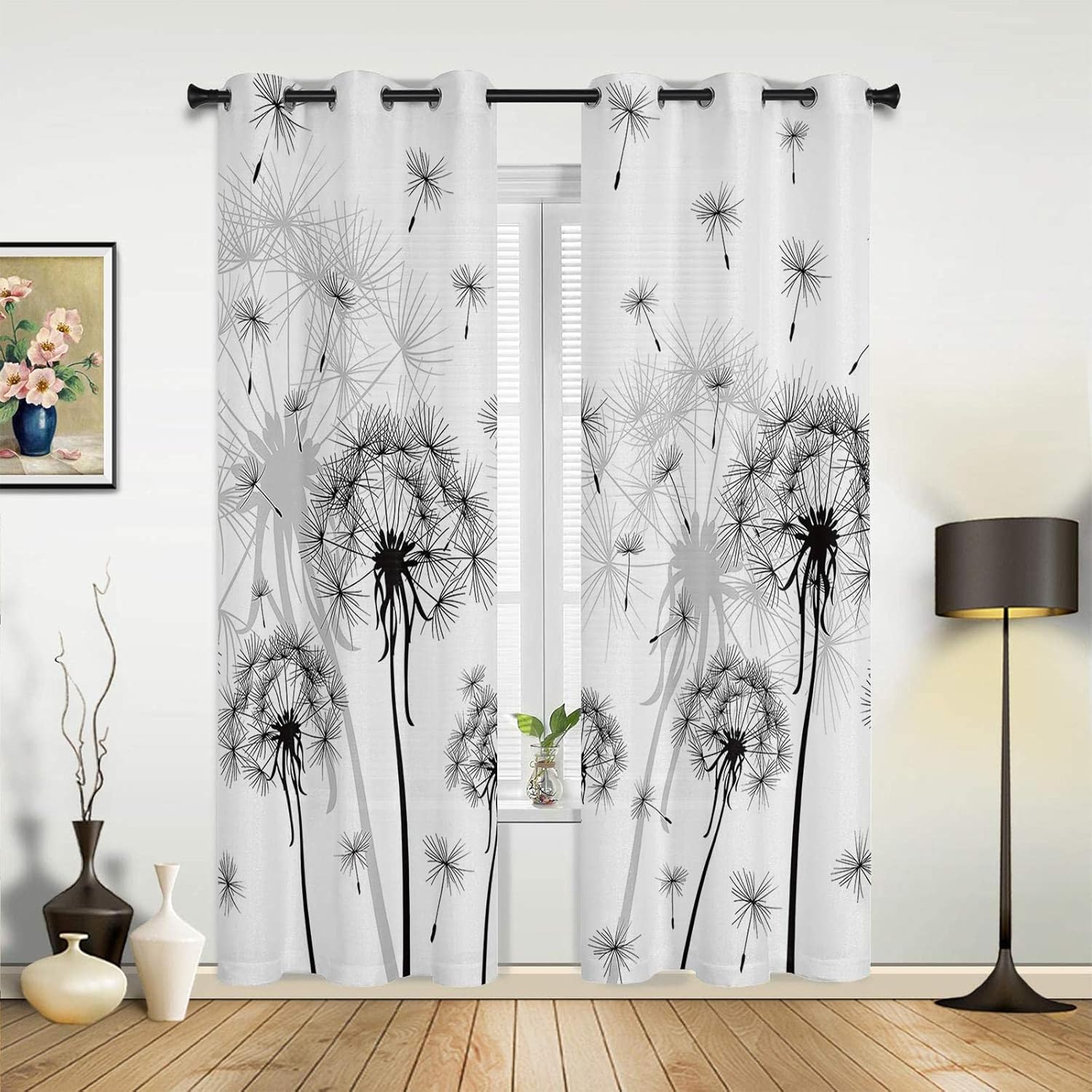 Black and White Dandelion Window Curtains for Living Room Bedroom Kitchen Decor Window Treatments Blackout Curtains 22(W) x(H) 37in/55x95cmx2pcs