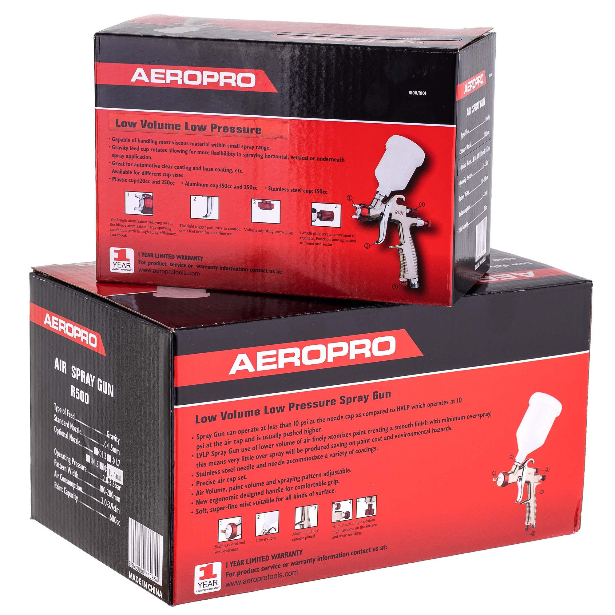 AEROPRO Pistola de pintura LVLP 600 ml 2,0 mm + Mini pistola pulverizadora 125 ml 1,2 mm Boquilla Juego de boquillas AEROPRO