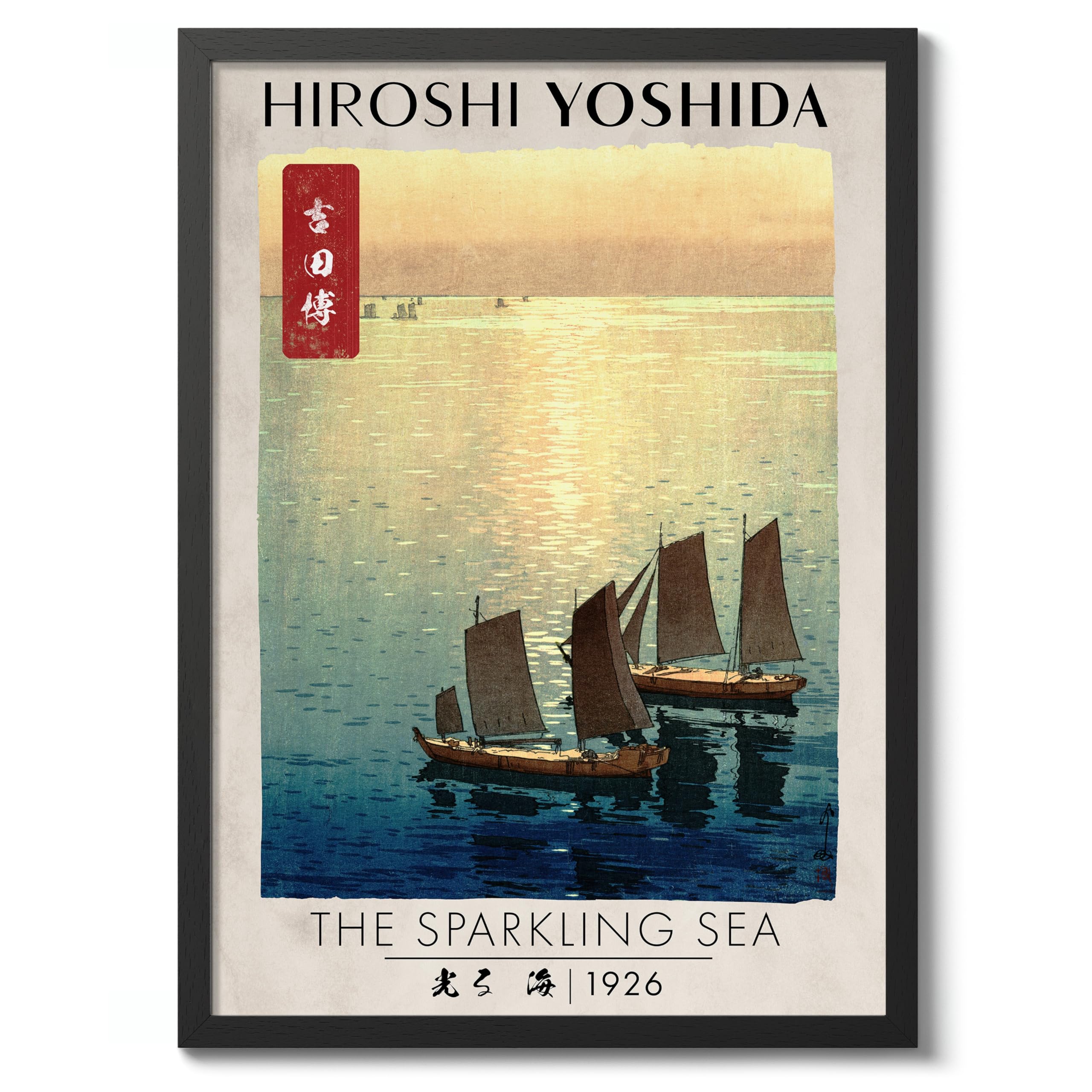 The Sparkling Sea Hiroshi Yoshida Poster, Japanese Woodblock Ukiyo-E Print, Vintage Art Picture Painting Wall Art Exhibition, Archival Matte, A2 (Black Frame) - 59.4x42cm โ image 1