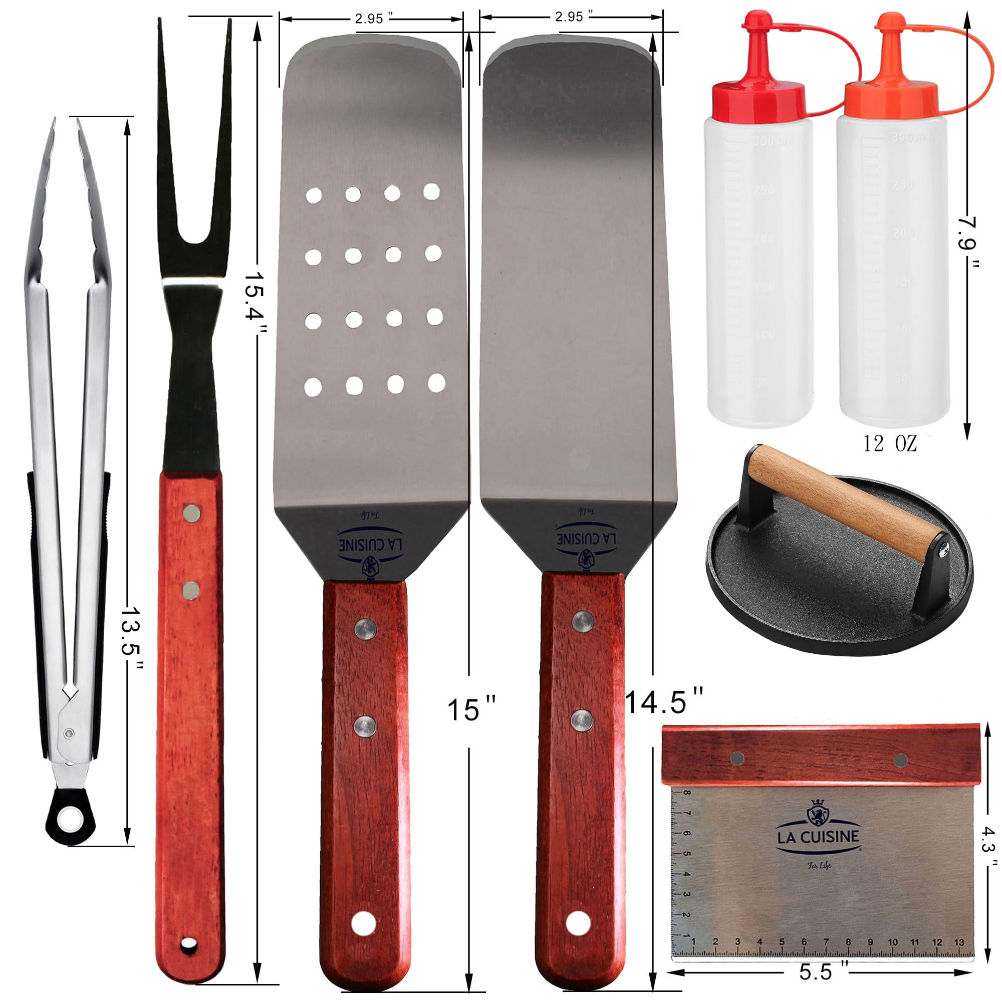 La Cuisine - Kit di 8 accessori per barbecue con coperchio piatto, spatole solide e perforate, forchetta, pinza, pressa per carne in ghisa, bottiglie per condimenti, per grigliare hibachi e teppanyaki