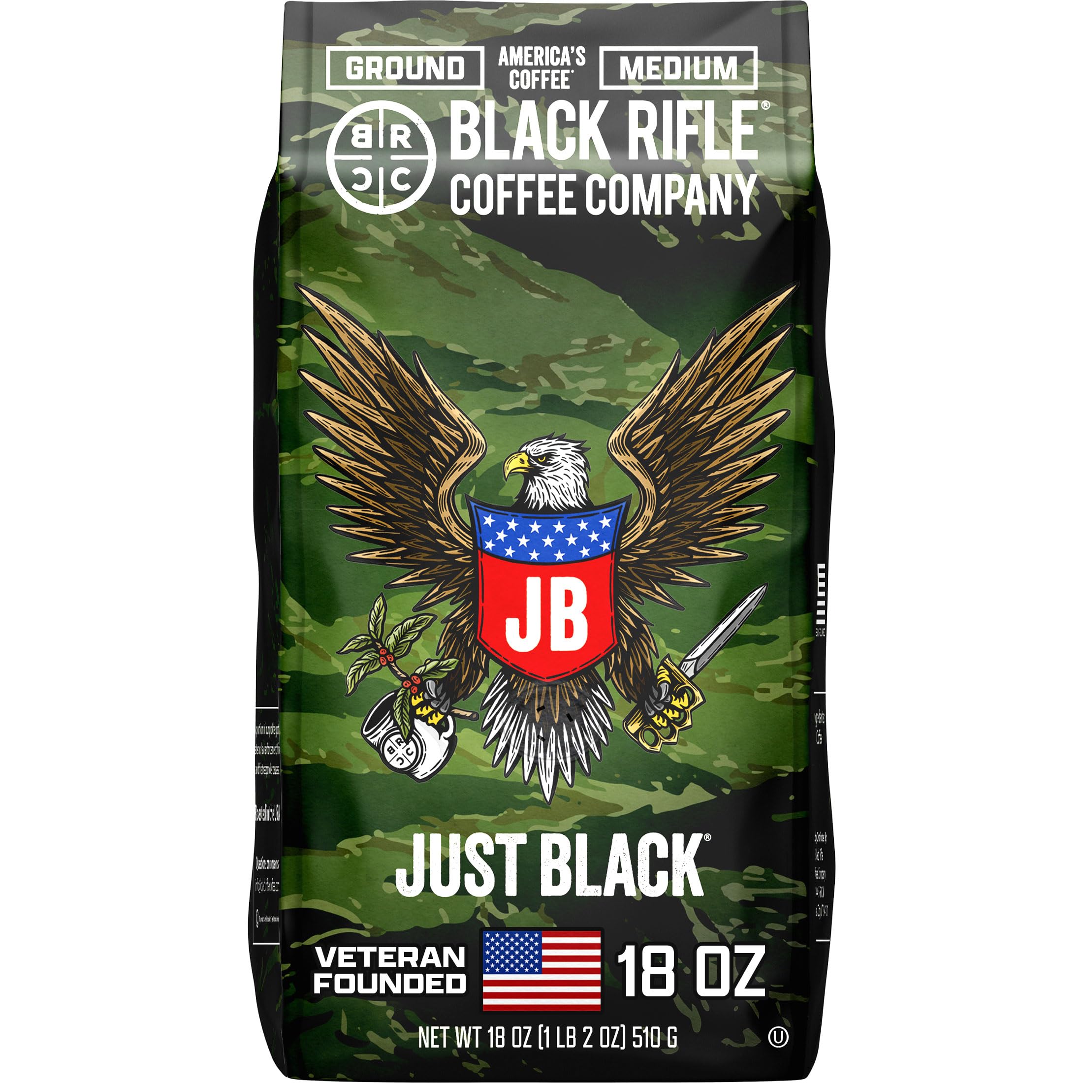 Black Rifle Coffee Company Just Black, 18oz Bag, Ground Coffee Medium Roast - Roasted Blend Made from Arabica Beans - Colombian & Brazilian Beans - Veteran Founded & American Made