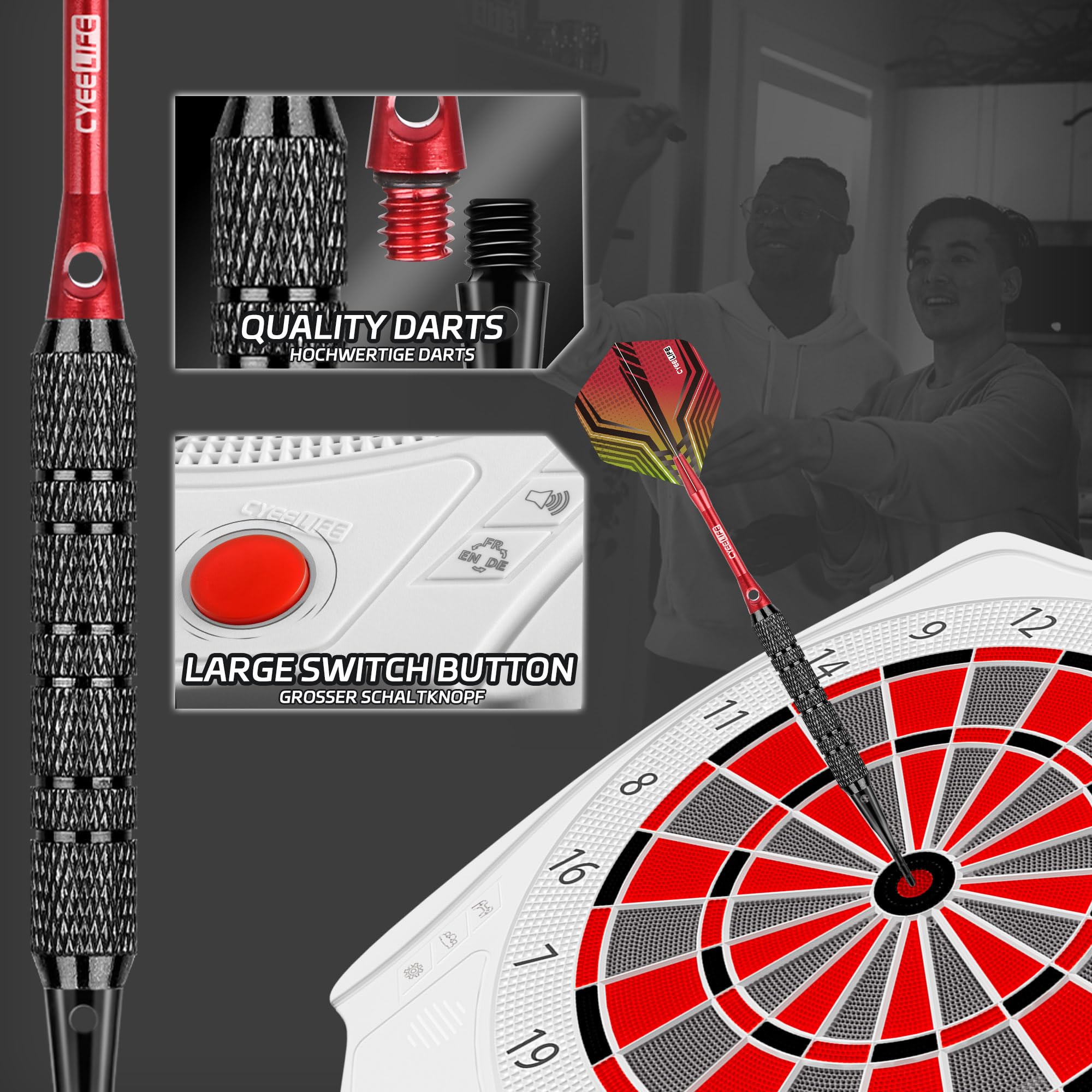 CyeeLife Diana electrónica Profesional con Dart Throw Line, 34 Juegos y 355 variaciones, Diana Profesional para baterías/Adaptador para 1 a 8 Jugadores con 12 Dardos - No Data Cable ！