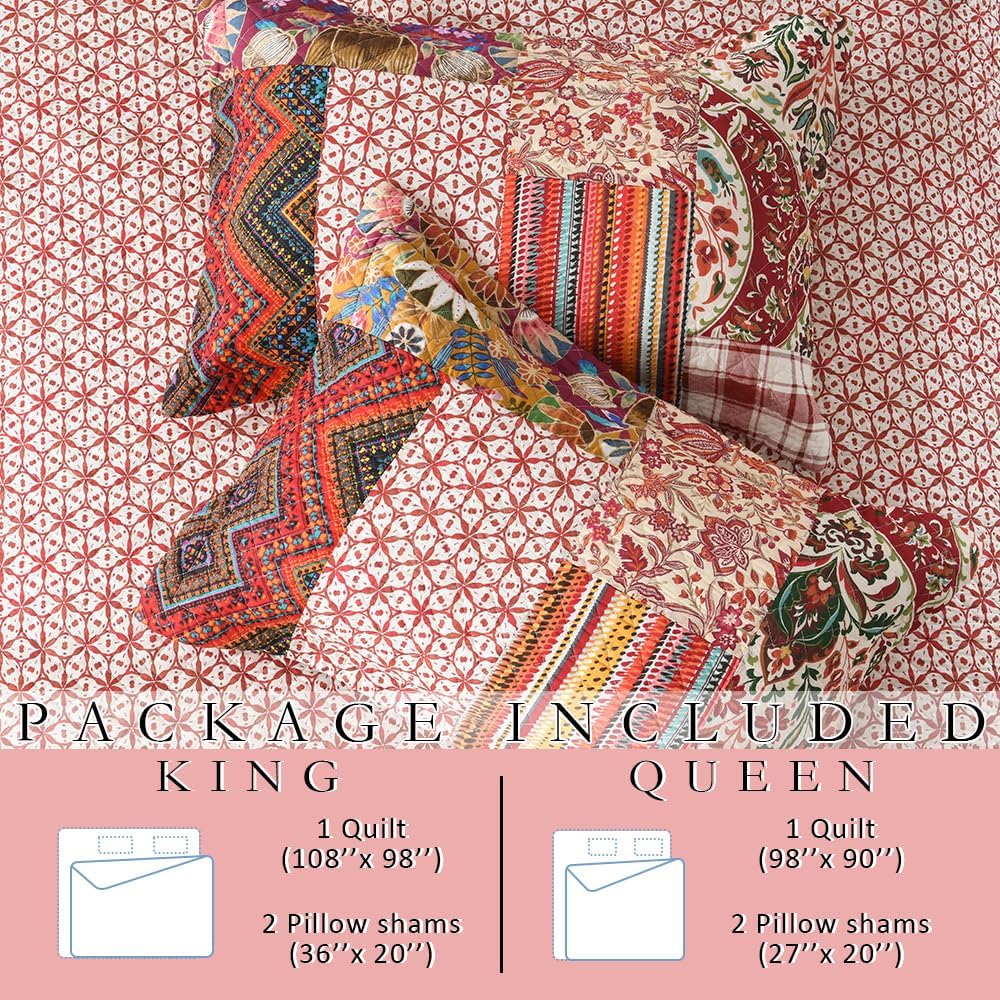 Cotton Bedspread Bedding Coverlet Quilt Sets, 3 Pieces Reversible Vintage Patchwork Floral Bedspread comforters (Red Paisley Patchwork, Queen) - Image 5