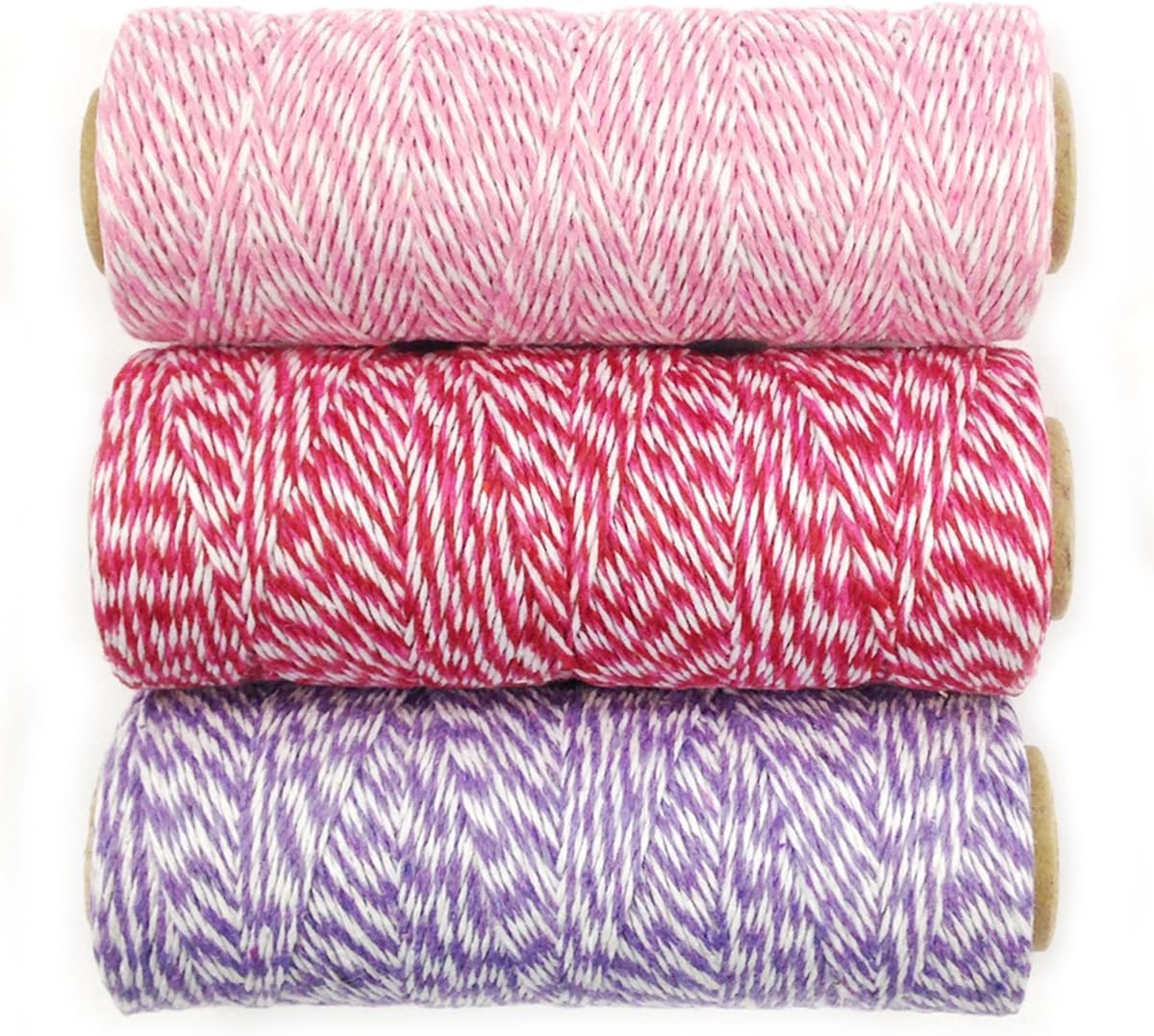 Allydrew Cotton Baker's Twine 4ply 330 Yards (Set of 3 Spools x 110 Yards) for Gift Wrapping, Party Decor, and Arts and Crafts (Pink, Red & Hot Pink, Lavender) (66421, 66423, 66416)
