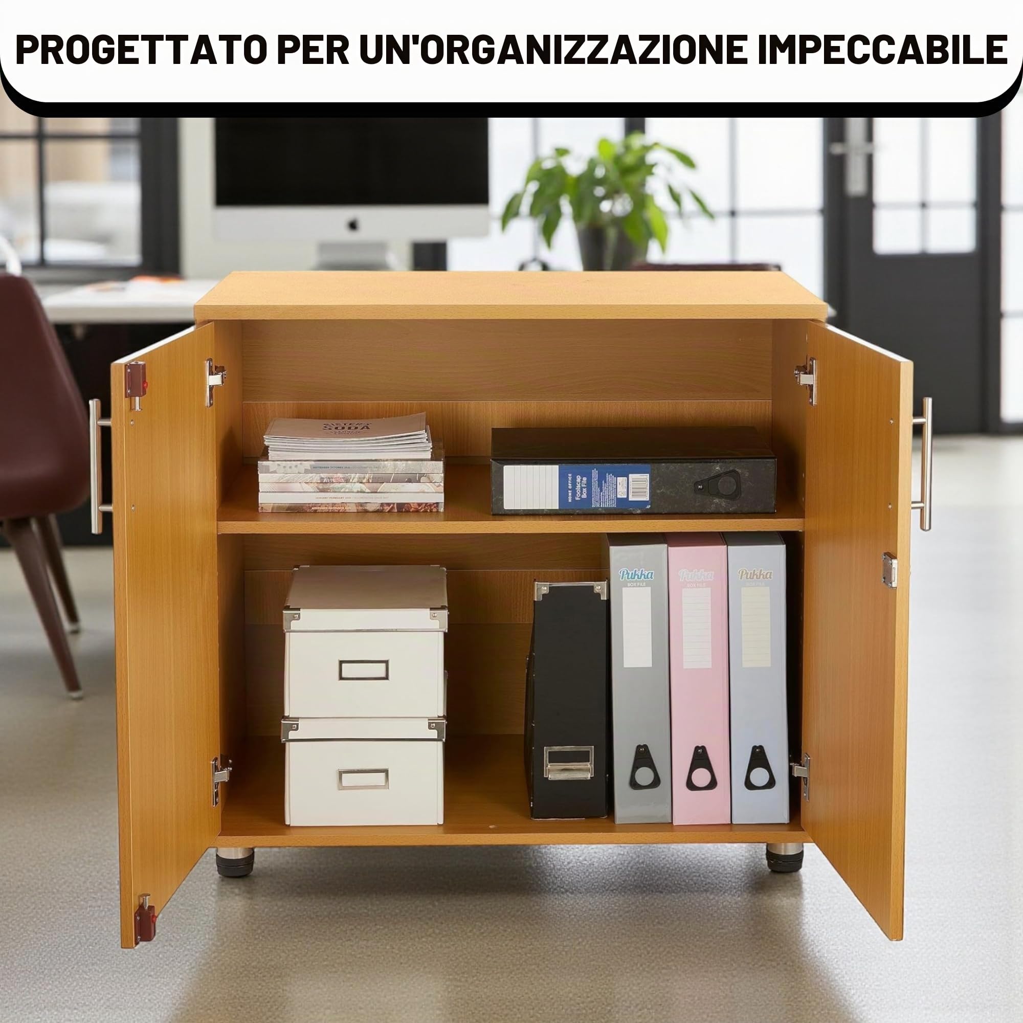 Credenza da ufficio in faggio, altezza scrivania, libreria a 2 ante con serratura, altezza 75 cm, estensione per scrivania