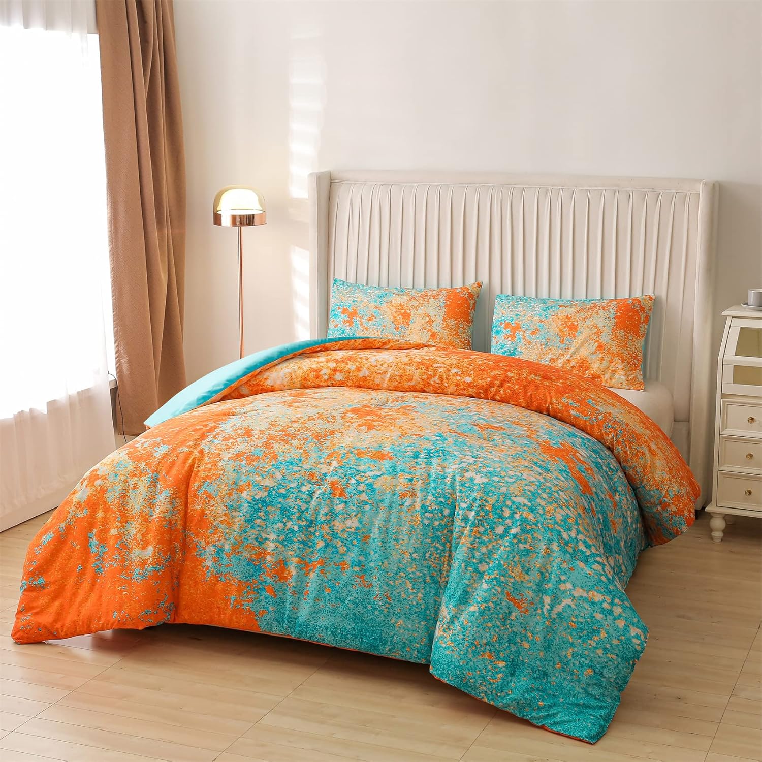 Aimuan Abstract Blue Comforter Sets Modern Art Bedding Sets 3 Pieces Sparkle Star Galaxy Twinkle Starlight Quilt Tie Dye Printed Comforter for Kids Teen (Orange-Aqua,Full) - Image 3