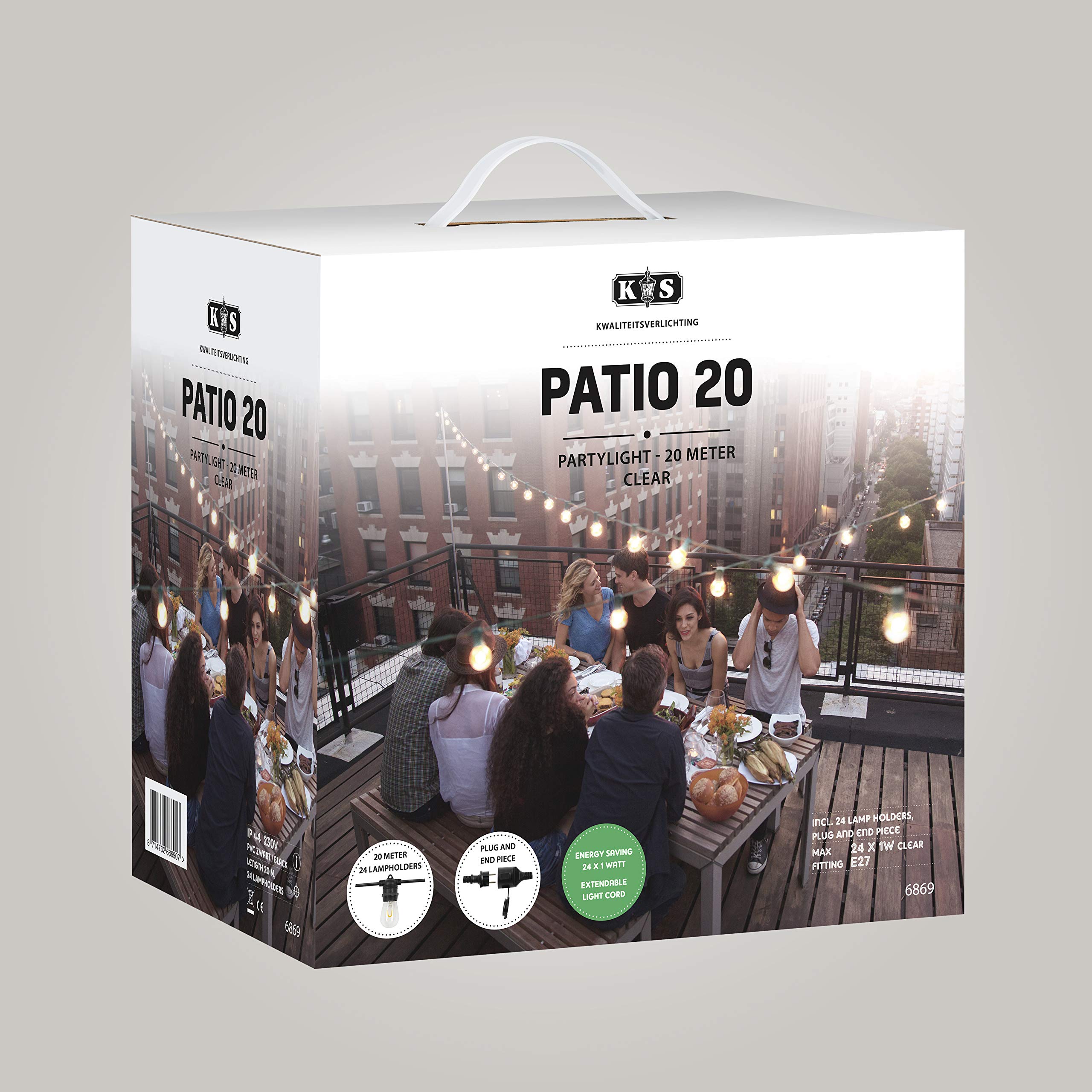 KS Verlichting Außenbeleuchtung Patio 20 Meter Lichterkette inkl. 24 LEDs Warmweiß E27 IP44