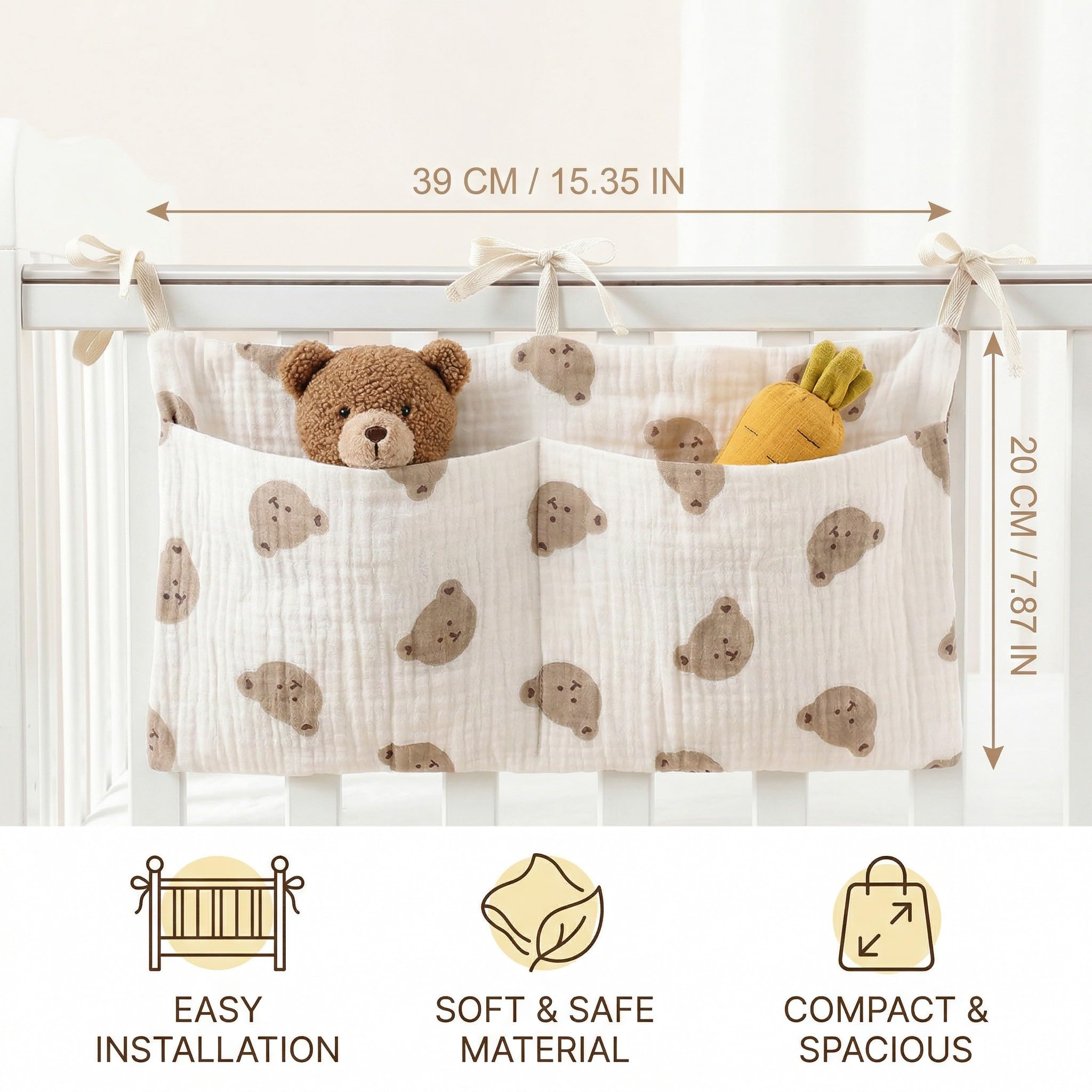 BAUCH Borsa Appendere per Lettino,Organizer per Cameretta dei Bambini, 2 Tasche, Tasche Portaoggetti Letto,per Lettino per Riporre Vestiti Pannolini Giocattoli,39X20CM