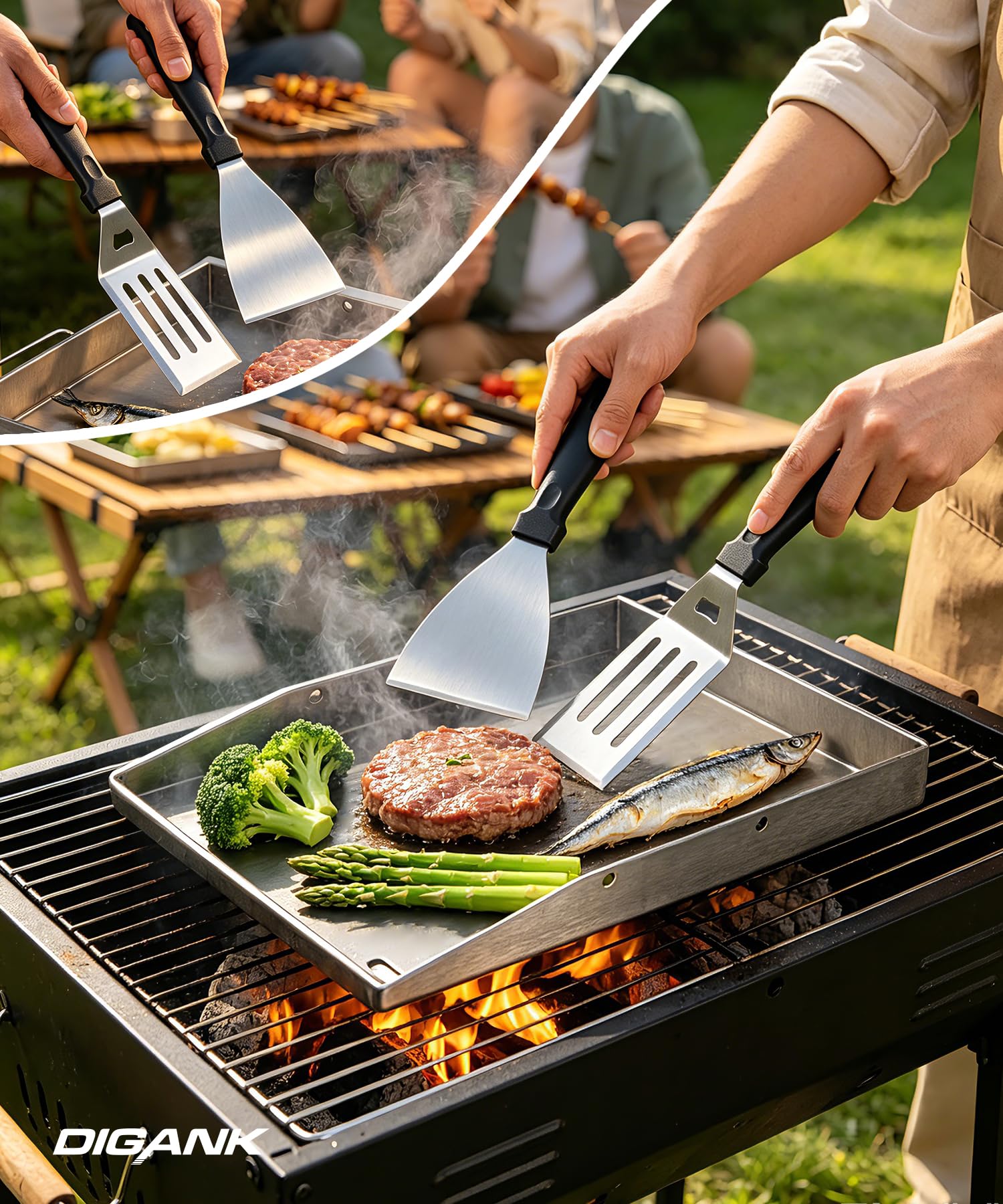 Edelstahl Plancha Grillplatte 40x30cm, 4mm Massiv plancha platte mit Grillzubehör,Grillspachteln Set, für Gasgrill und Holzkohlegrill