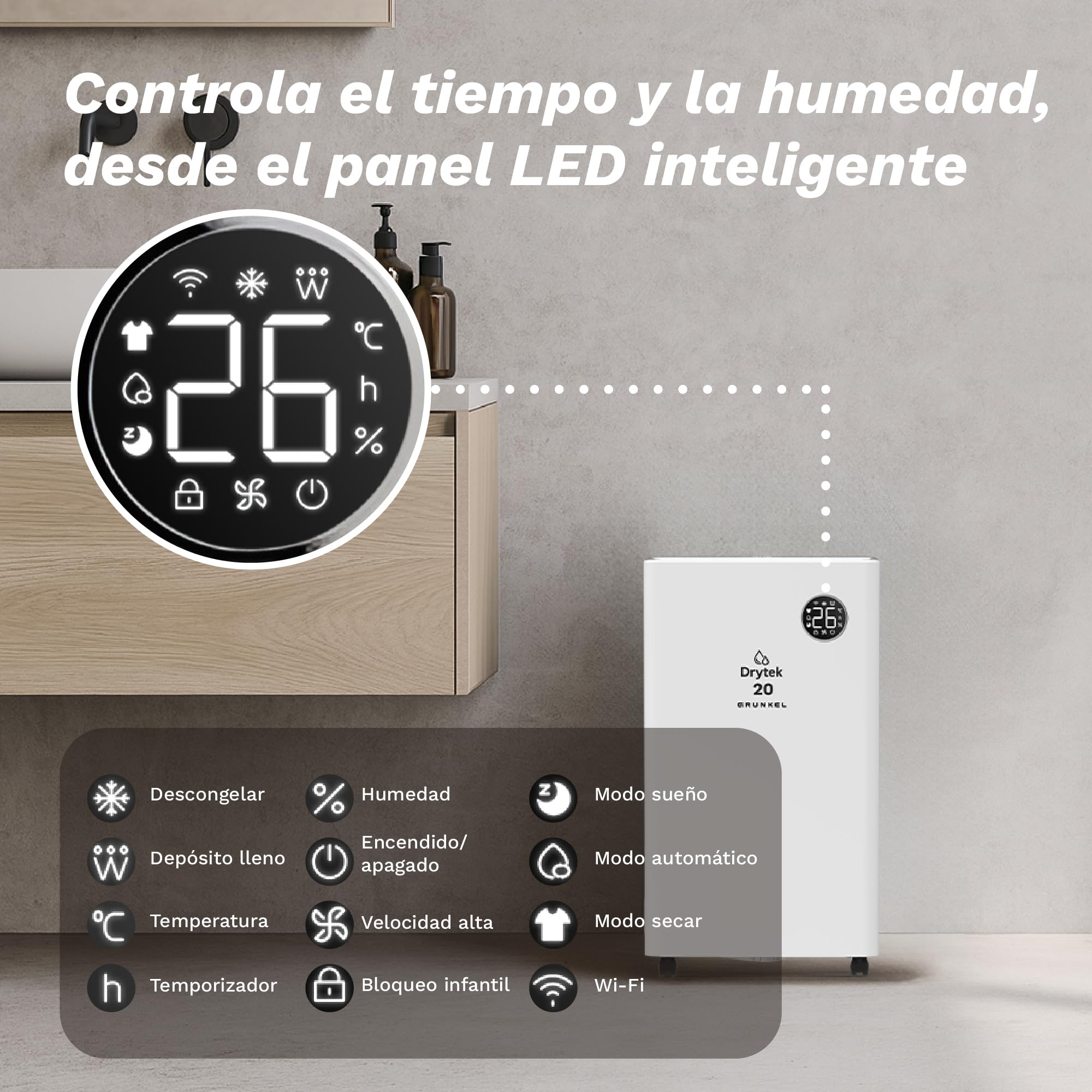 Grunkel Drytek 20 osuszacz powietrza, 20 l/dzień, LED panel dotykowy, WiFi, 300 m³/h, zbiornik 5,5 l, 42 dB Cichy, timer