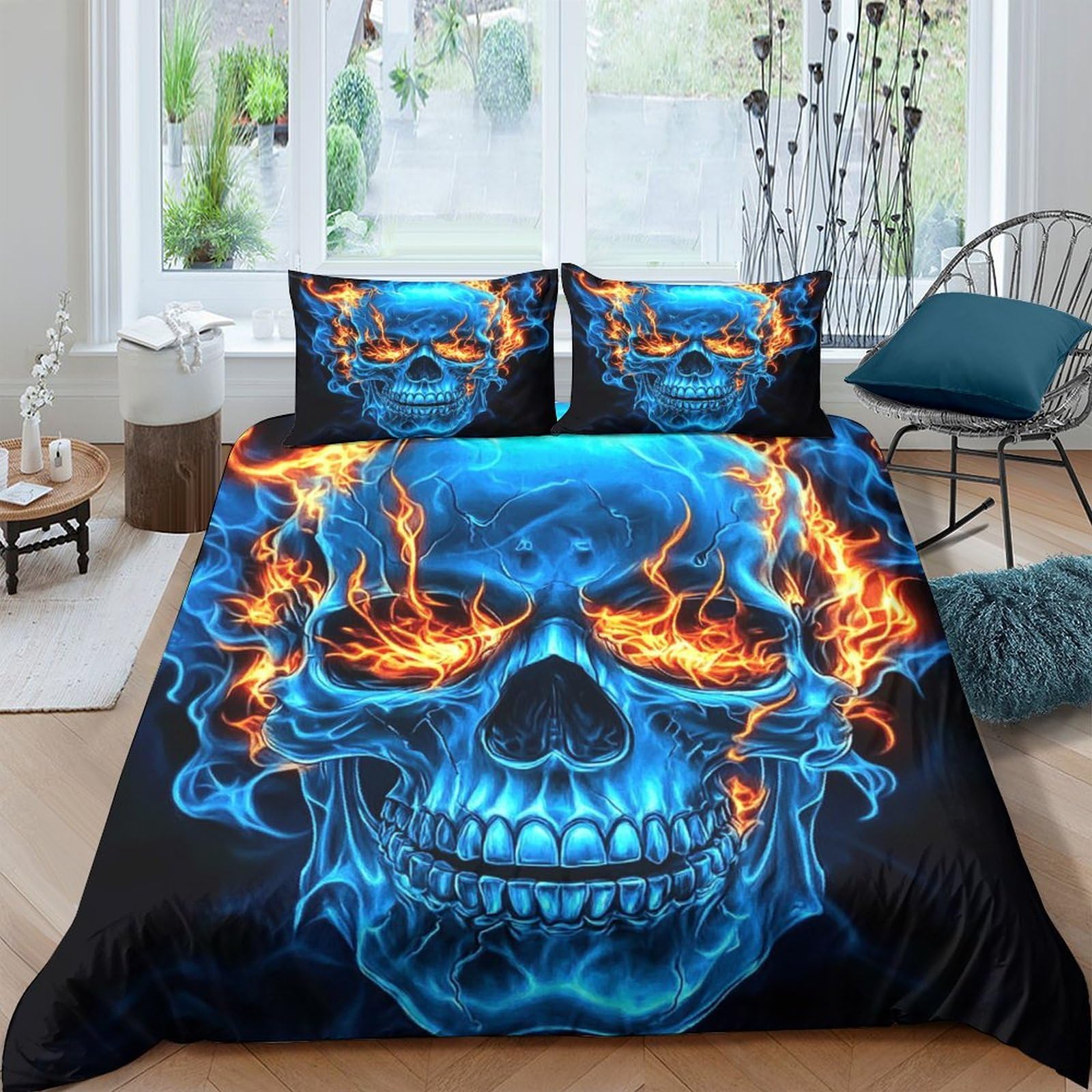 Ctjqhvkz Style-5 3D Printed Blue Flame Skull Fitted Sheet Microfiber Soft Mattress Cover Anti-Slip Easy Care Decor For Bedroom Dorm Room Single（135X200cm）