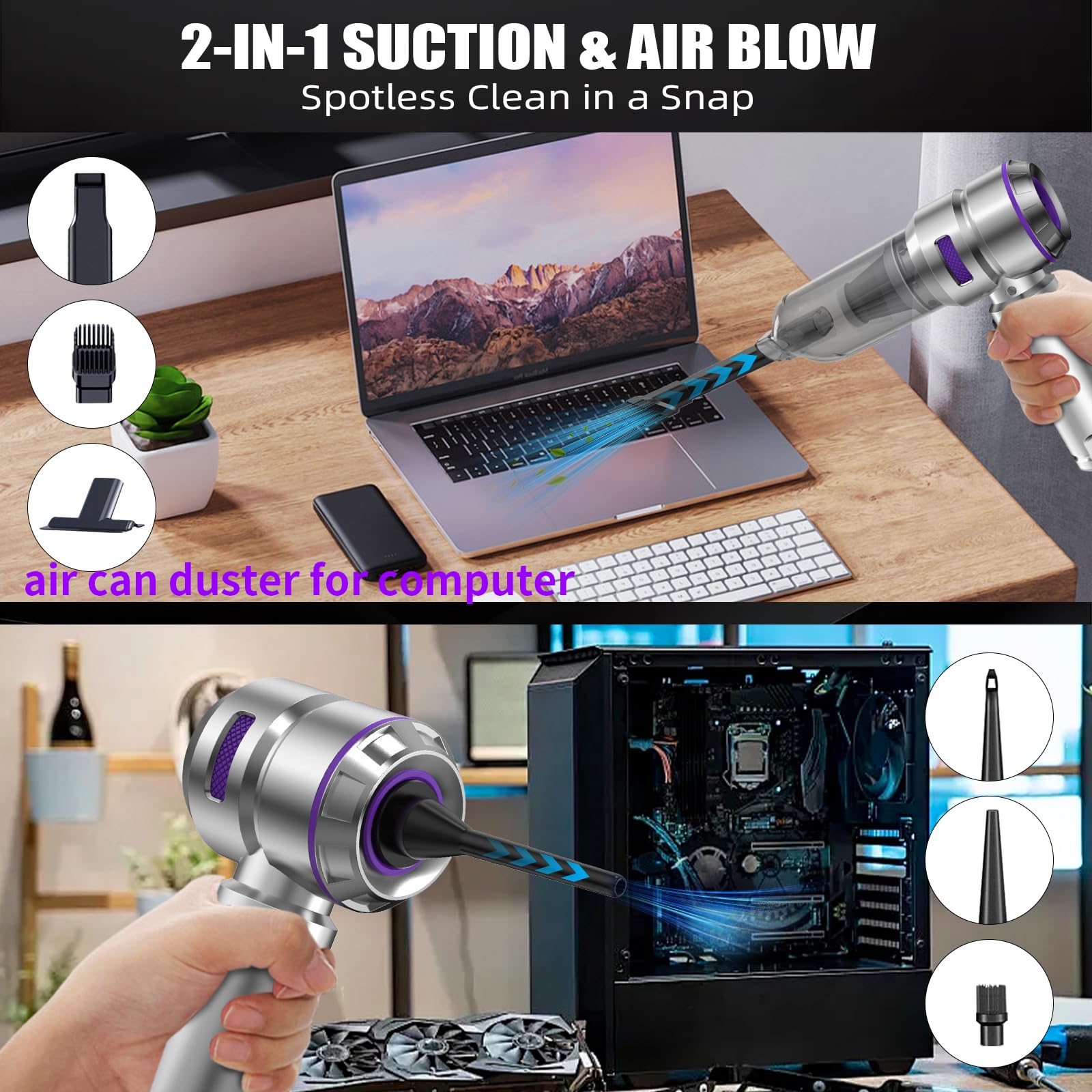 Car Vacuum Cleaner High Power - 22000PA Portable Car Vacuums 4 in 1 Compressed Air Duster & Air Blower & Pump Hand Held Vacuum Cordless with Brushless Motor for Cars Home Office