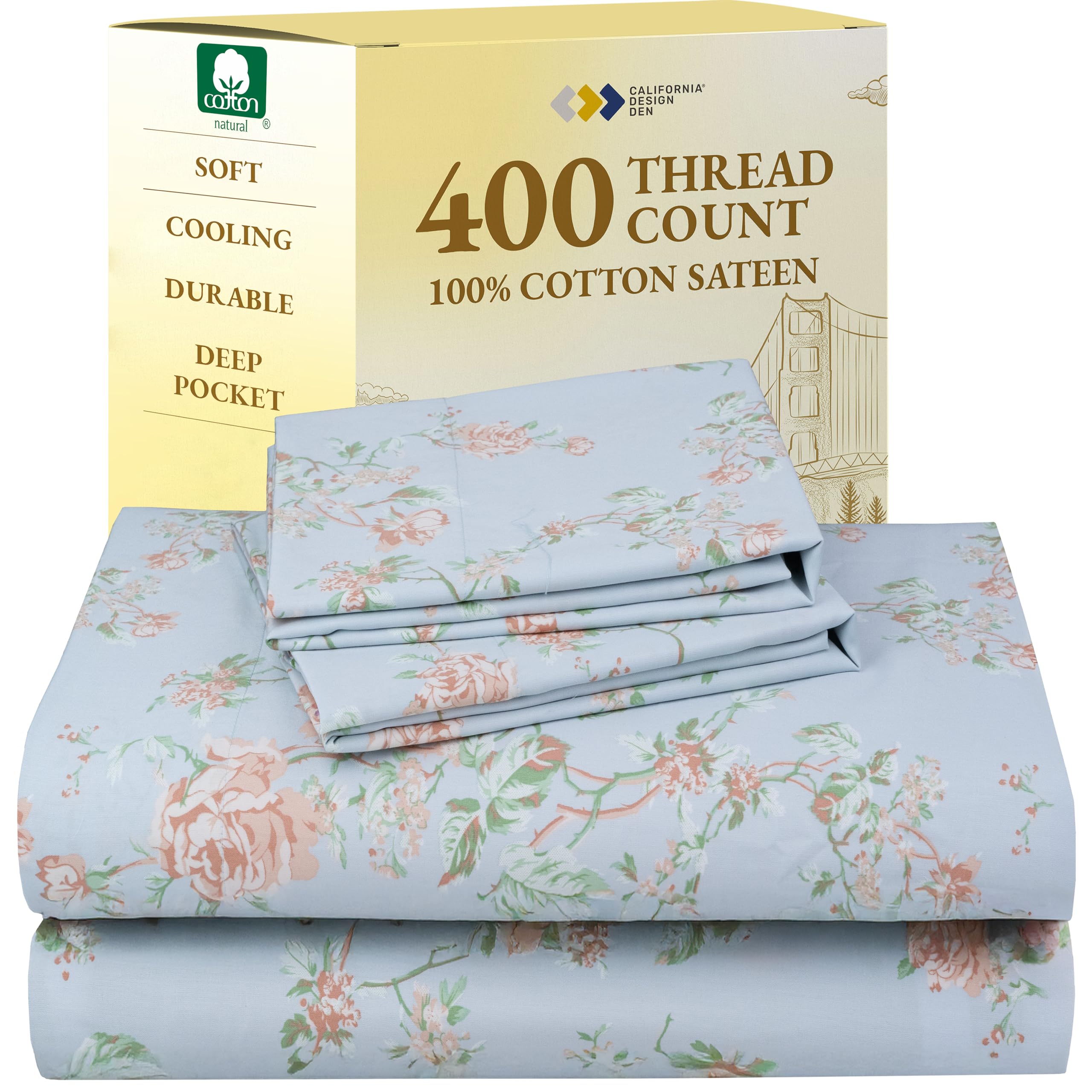 California Design Den Floral Printed Queen Sheet Set - 400 Thread Count Sateen, Natural 100% Cotton Sheets Queen Size Bed Set, Deep Pockets, and Durable Bedding - Antique Rose
