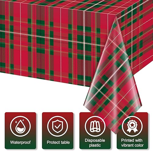 Miniatura 3 de 3 manteles de fiesta a cuadros de búfalo de Navidad, mantel rectangular de plástico desechable rojo y verde para Navidad, suministros de fiesta de