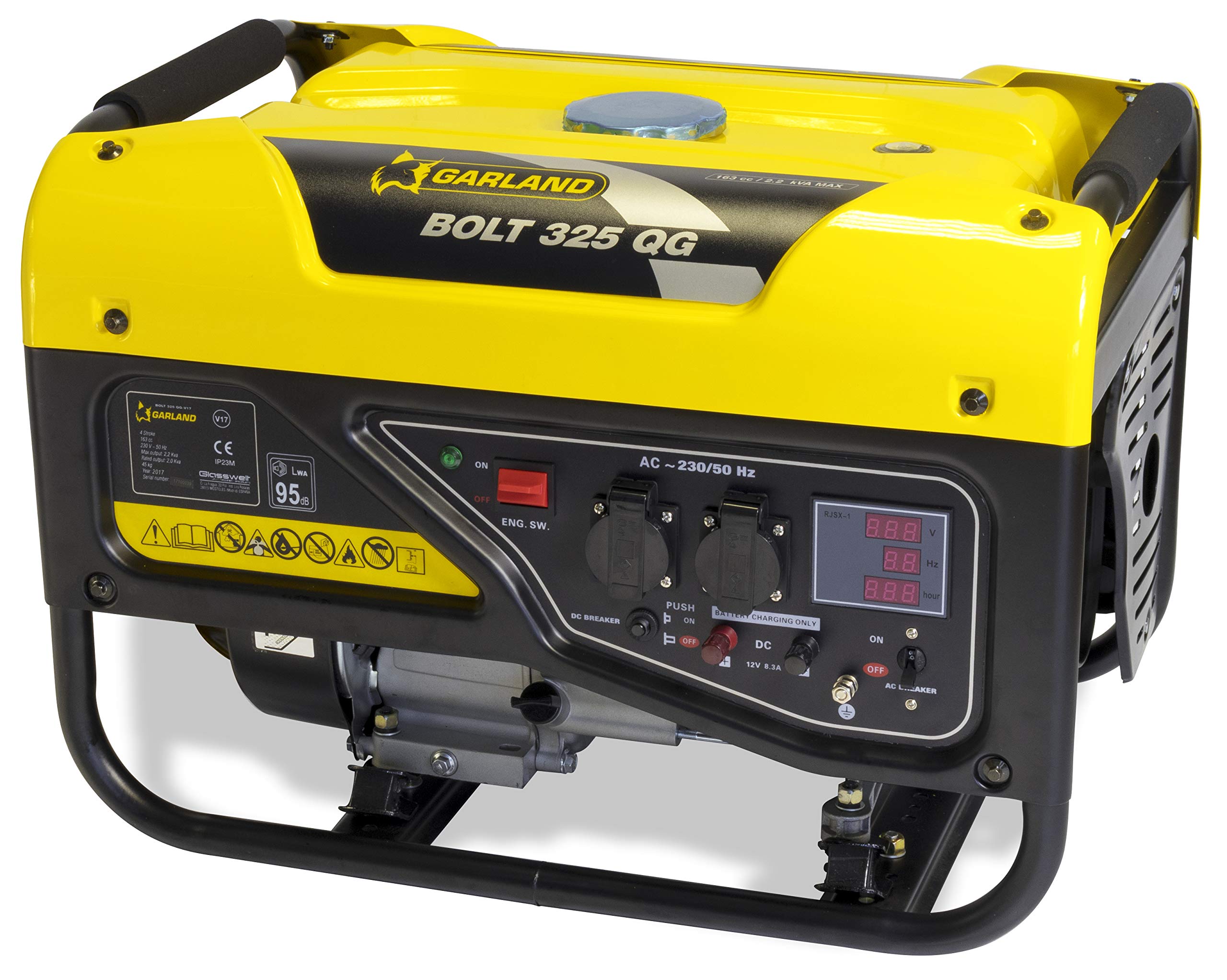 GARLAND BOLT 325QG-V17 - Generador Gasolina 4T 2,2 kVA, Motor 163 cc, AVR, 2 Enchufes 230V Schuko + Salida 12V 8A, Chasis de Acero