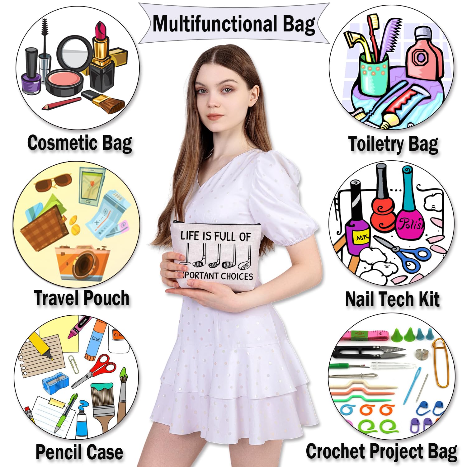 PLITI Regali da golf per donne golfisti accessori da golf Regalo giocatore di golf La vita è piena di scelte importanti Borsa per il trucco da golf, Choice Golf Bagu, alla moda