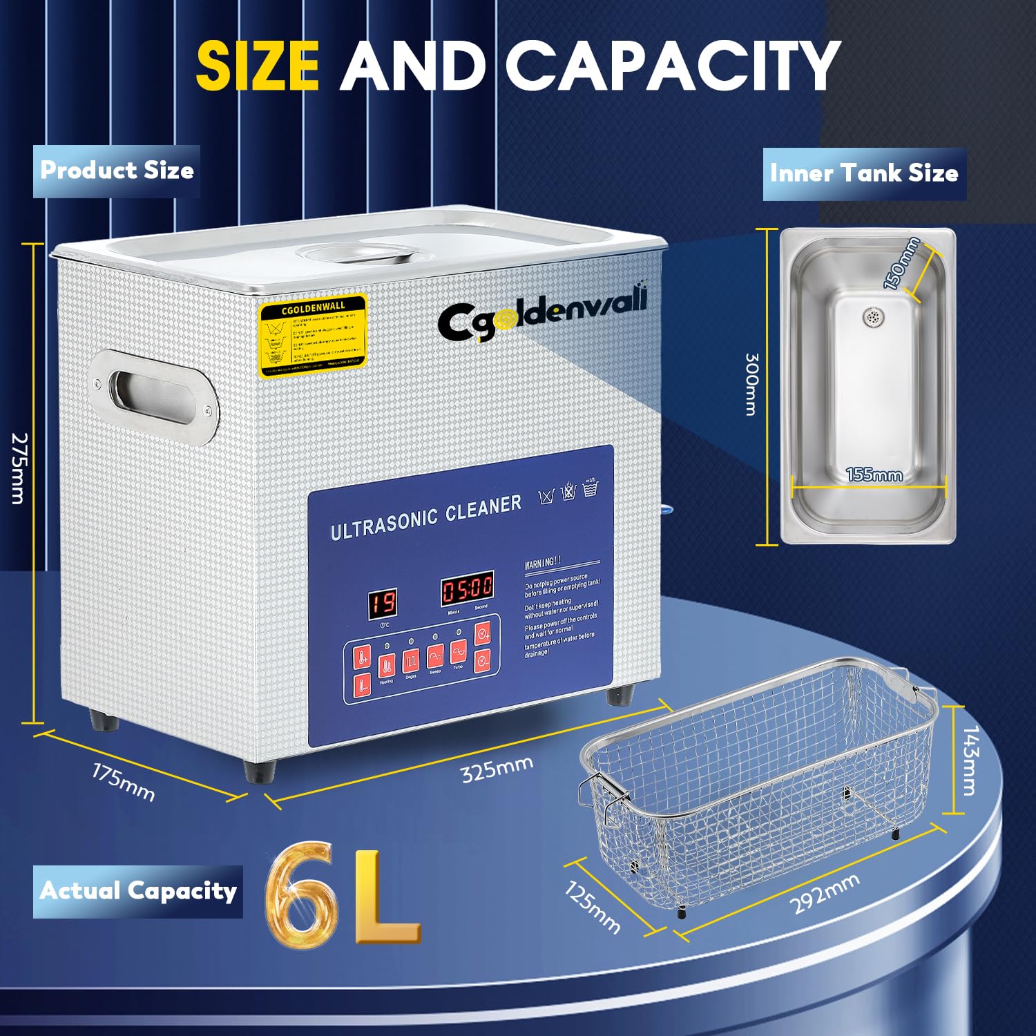 Cgoldenwall 6L Limpiador Ultrasónico Digital 28/40khz Doble Frecuencia Desgasificador 20-80℃ Calentamiento&0-30 Min Temporizador para Joyas/Rachas/Lentes/Piezas Metálicas