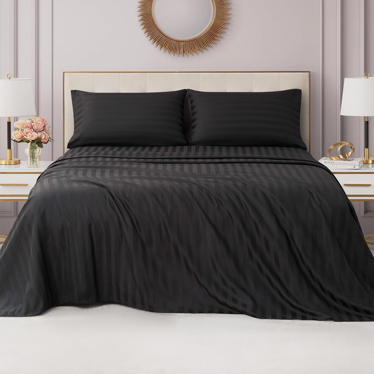 Juicy Couture Royal Dreams King Sateen 4 Piece Sheet Set - 100% Cotton Luxury Bed Sheets, Jet Black