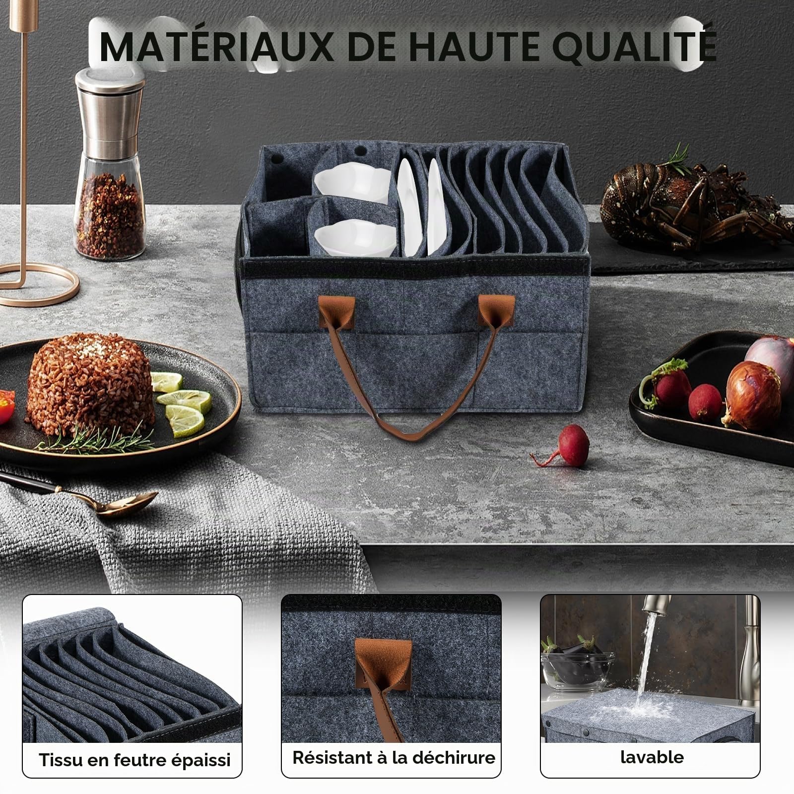 Boîte de rangement en feutre pour assiette de caravane avec porte-gobelet, récipient de rangement pour vaisselle de camping avec séparateur amovible, couvercle et plateau de rangement pour protéger