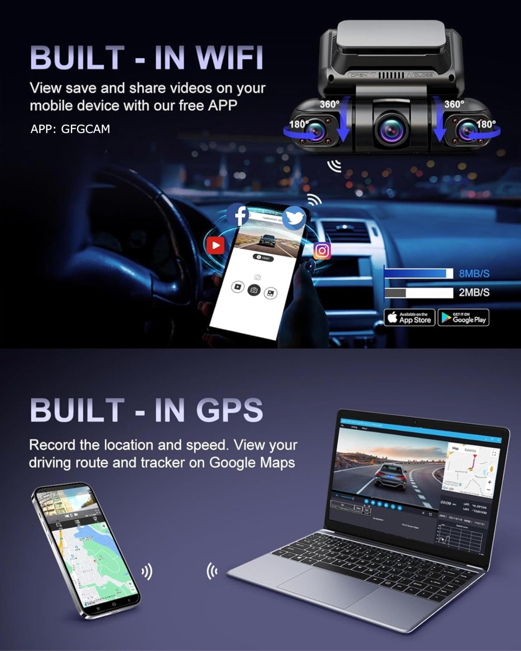 Rhorawill 4 Canali Dash Cam,Rotazione a 360° Anteriore Posteriore All'interno Sinistra Destra Dashcam Auto,Radar Rilevamento & Movimento Modalità Parcheggio,5G WiFi GPS,3" Libero 128GB,Hardwire Kit