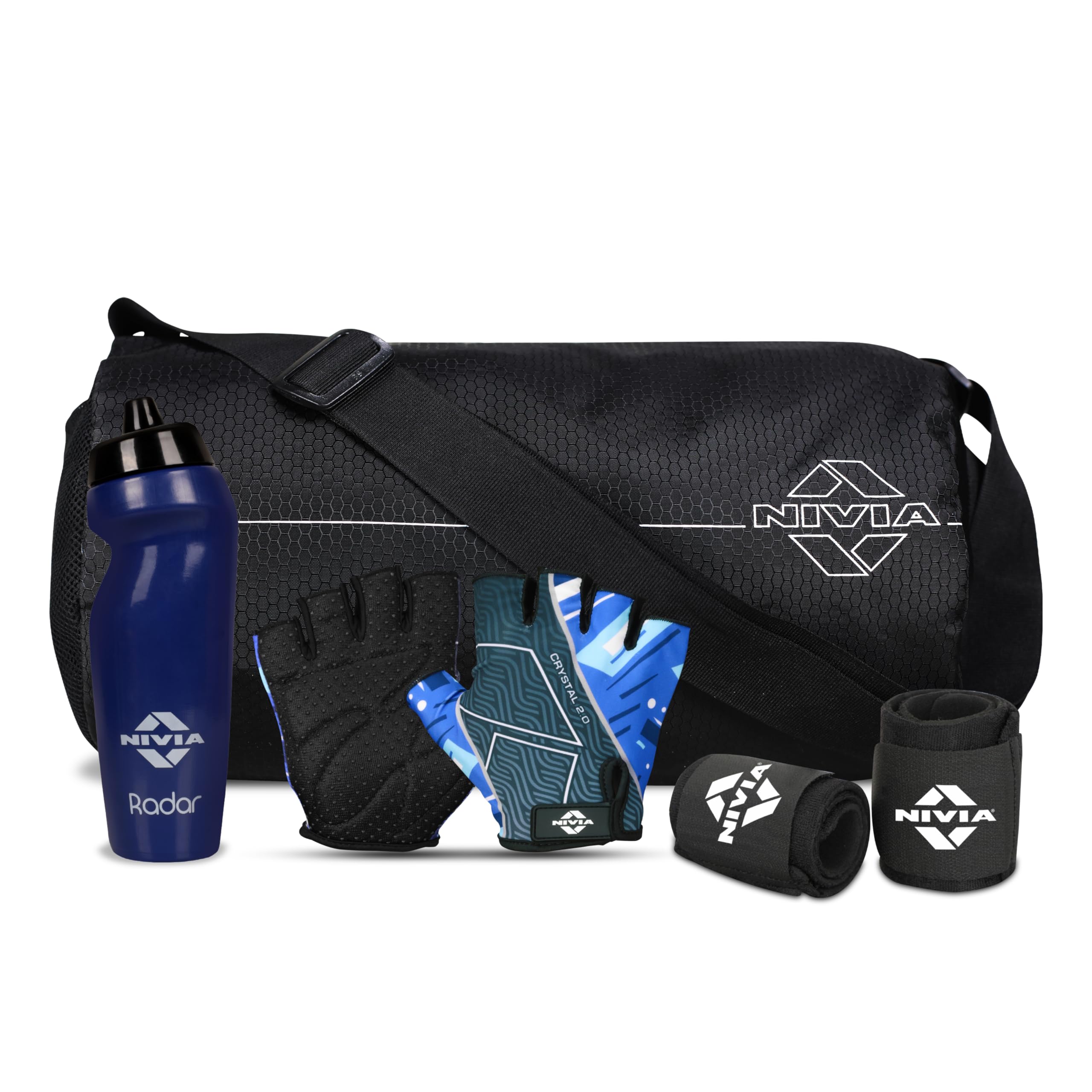 Nivia Basic Gym Combo for Men & Women, Polyester Gym Bag (11 litres), Gym Gloves (Size-M), 625 ml Water Sipper and Wrist Band (Free Size), Pack of 4