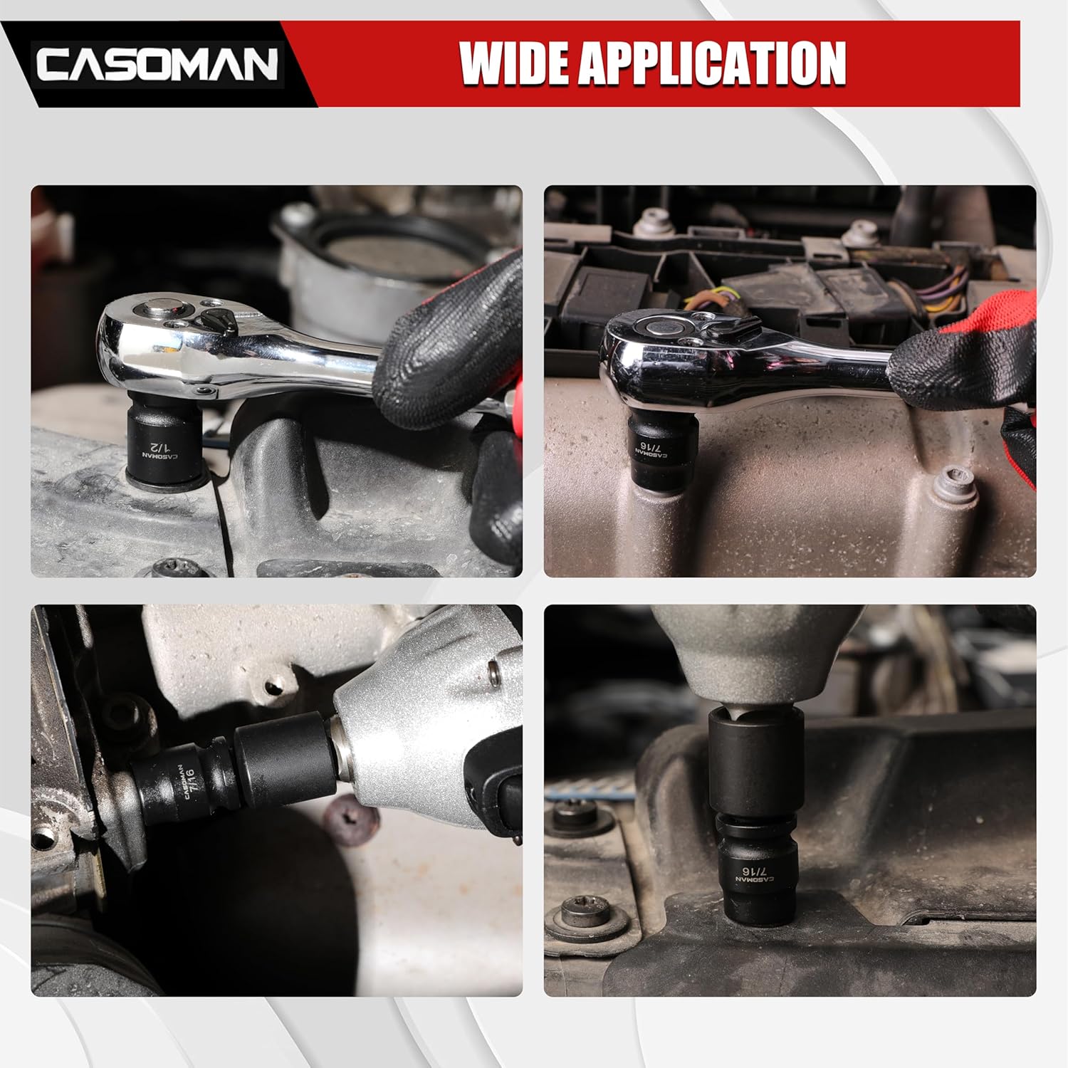 CASOMAN 12PCS 3/8" Drive Stubby Impact Socket Set, Low Profile, 5/16" - 1", SAE, CR-MO, 6-Point, 12 Pieces Shallow Socket Set for Automotive Maintenance, Repairs and DIY, for Tight Areas