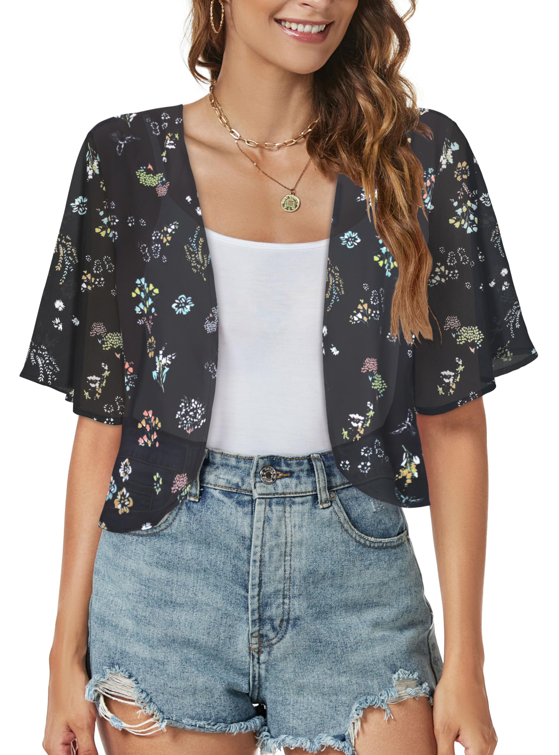 Women Shrug Chiffon Cardigan Open Front Short Sleeve Sheer Bolero for Dress | Lightweight Cropped,Loose Fit,Mesh Cover Up,Shawl Evening Dresses,Summer Outfits