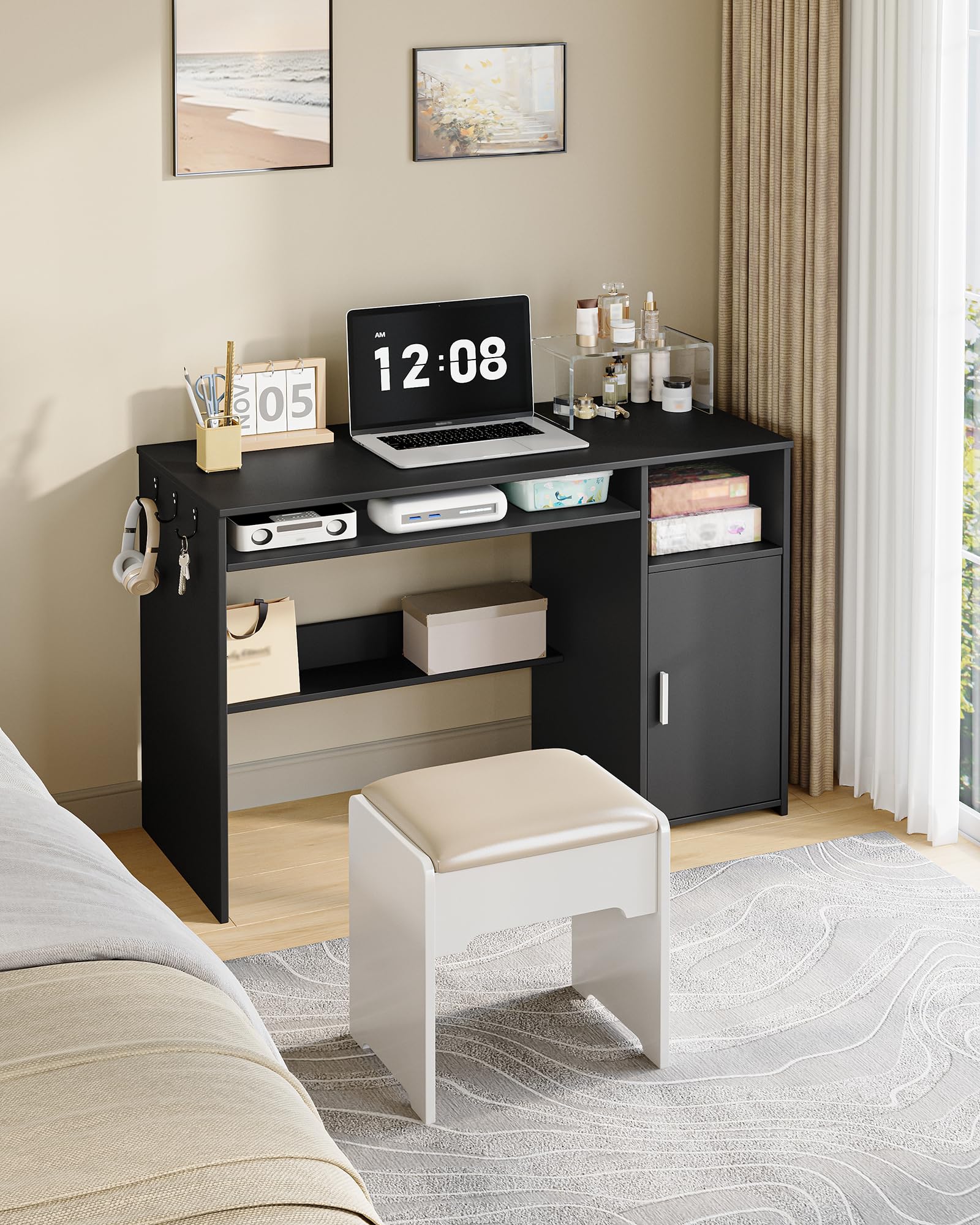 Hzuaneri Mesa Ordenador, Mesa de Oficina con Almacenamiento, Escritorio Moderno con Estantería, para Estudio, Oficina, Dormitorio, 50 x 108 x 75 cm, Negro CD10106X