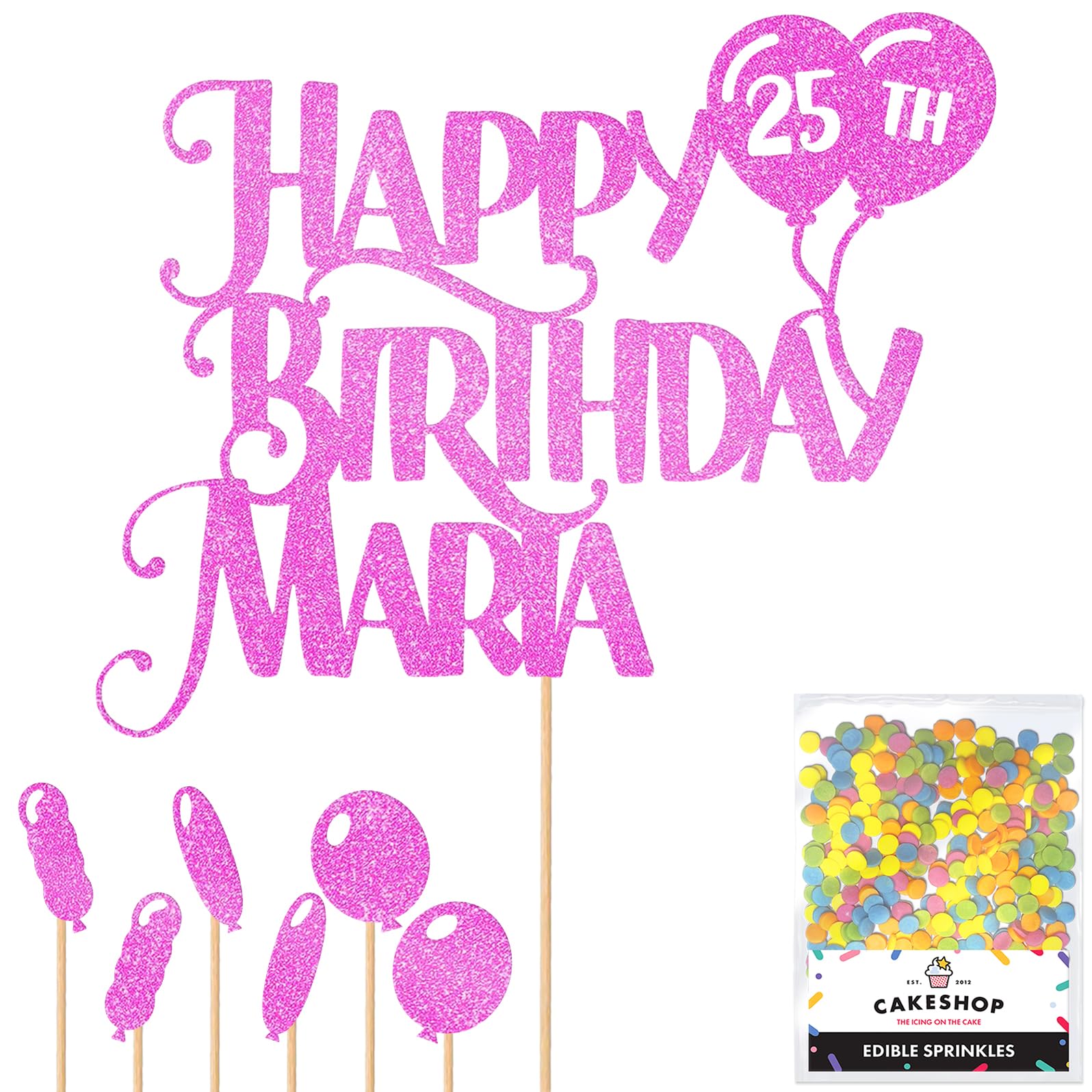 Personalised Happy Birthday Glitter Cake Topper inc Balloons - Lt Pink Any Name & Age Glitter Cake Decoration and Sprinkles - Happy Birthday Decorations - Personalised Toppers for Cakes by Cakeshop