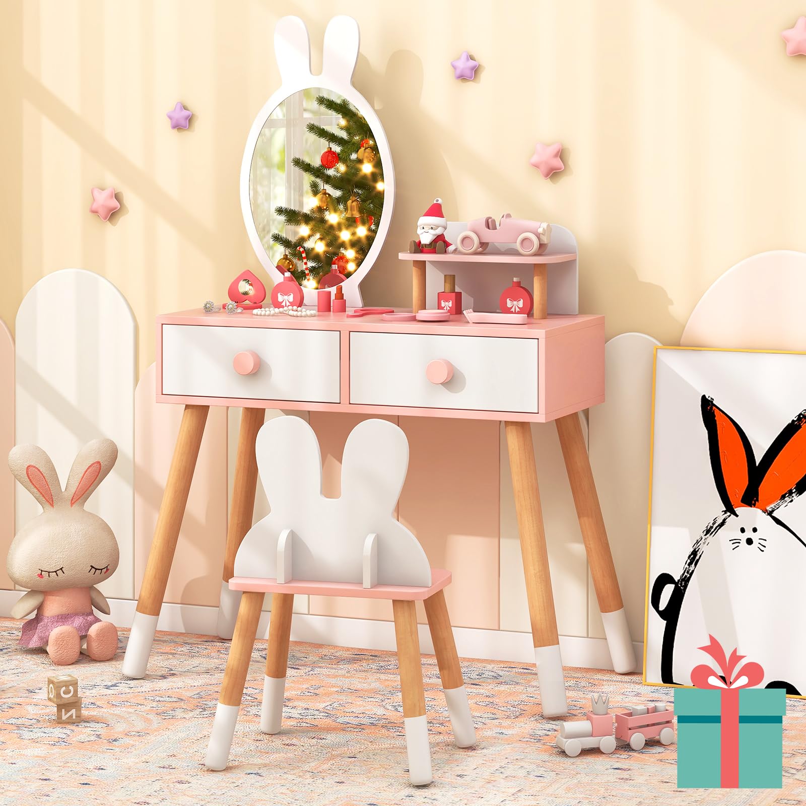 COSTWAY Kinder Schminktisch Set mit Kaninchen Design, 2-in-1-Frisiertisch mit Spiegel, 2 Schubladen & Ablage, Schminkset mit Massivholzbeinen für Mädchen (Weiß)