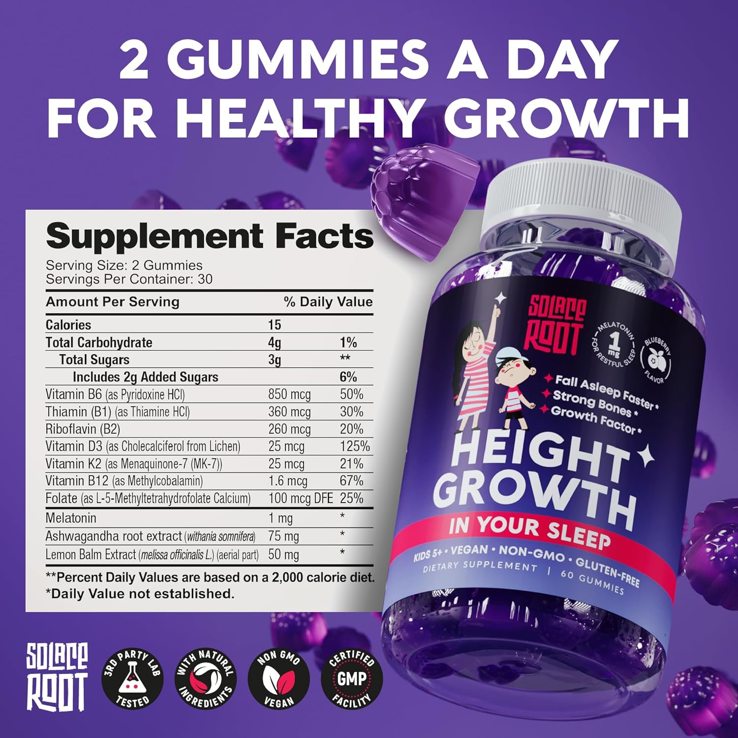 Height Growth Gummies with Melatonin for Kids & Teens - Ashwagandha, Lemon Balm & Vitamins B - Sleep & Height Booster Multivitamin for Teen Boys & Girls - Grow Taller Supplement - 60 Gummies