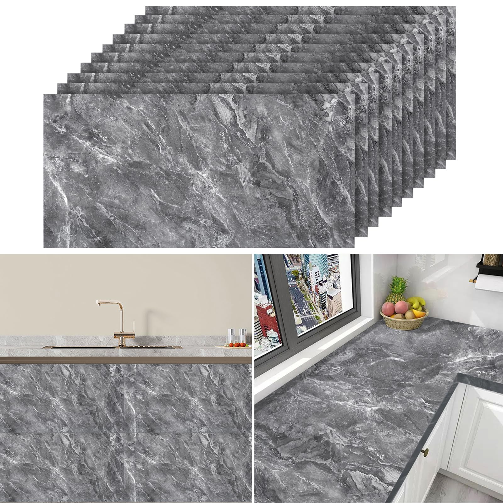 Warmiehomy Marble Tiles 60x30cm 10Pcs Thicken Self Adhesive Wall Tiles Waterproof,Peel and Stick on Vinyl Tiles for Living Room Bedroom Bathroom Kitchen Splashback,Earl Grey