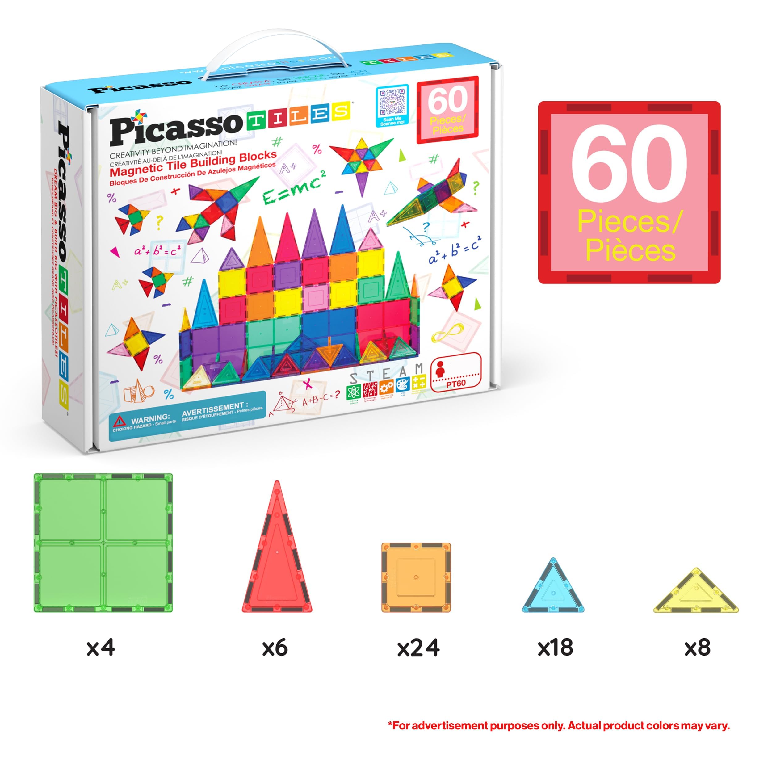 PicassoTiles 60 Piece Magnetic Tiles Clear 3D Building Blocks STEM Ages 3+ — Amazon image 7
