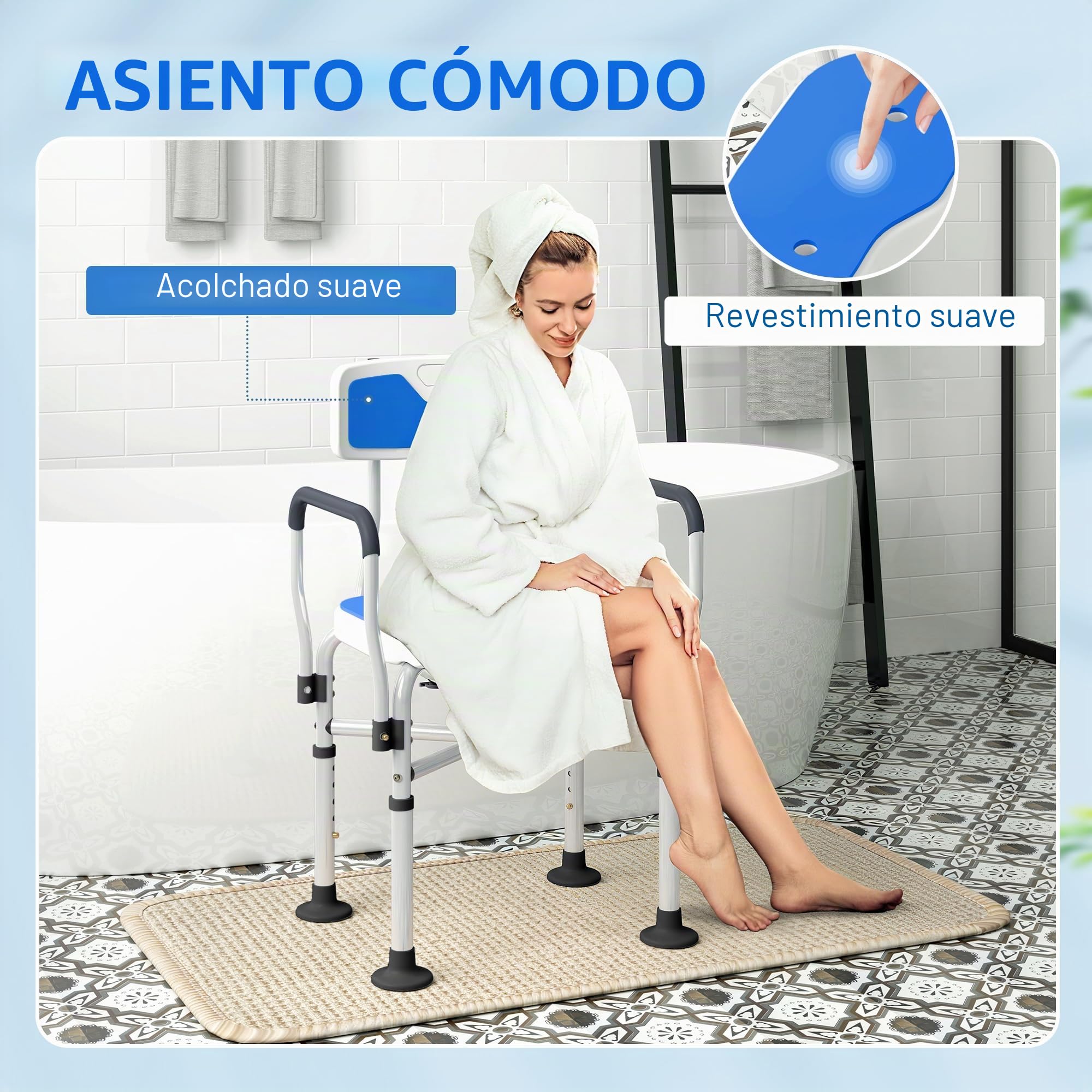 HOMCOM Silla Ducha Personas Mayores con Asiento Ranurado, 136 kg Azul | Silla de Ducha, Altura Regulable, Taburete de Baño Antideslizante, Respaldo y Reposabrazos, para Discapacitados