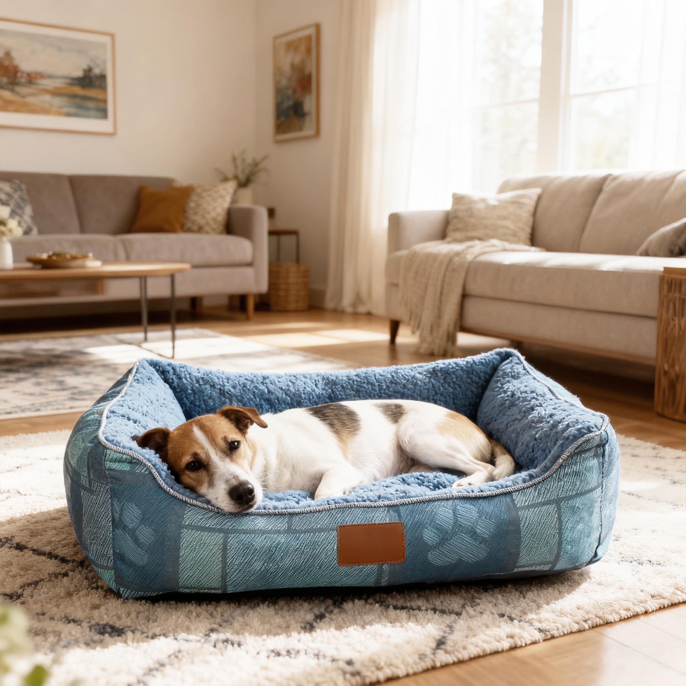 Cama para Perros Grande tacto al Lino Grueso y Forro Borrego Suave, Lavable a Máquina con Cojín Extraíble, Antideslizante, Transpirable, relleno de fibra huesca virgen, Cama para mascotas,65x50cm