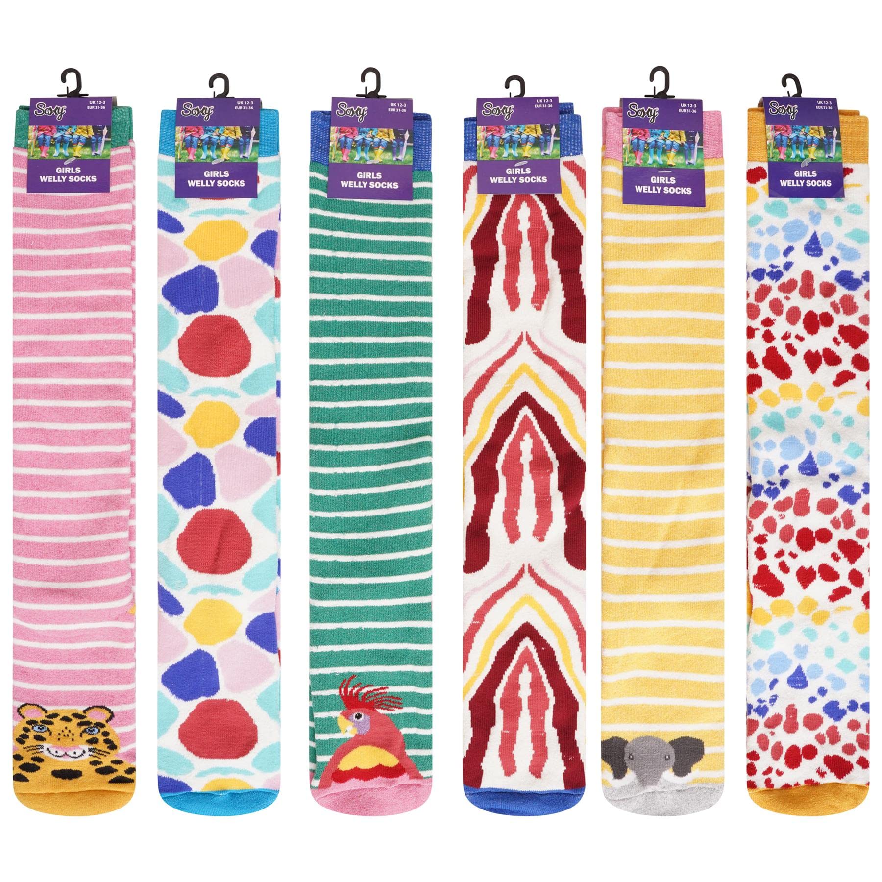 Soxy Boys Multi/Multi Jungle Welly Socks Girls Design Wellington Boot Socks - 6 Pack - Children Welly Socks - Festival Walking Hiking Thermal Socks - Jungle Designs - Uk Shoe Size 9-12