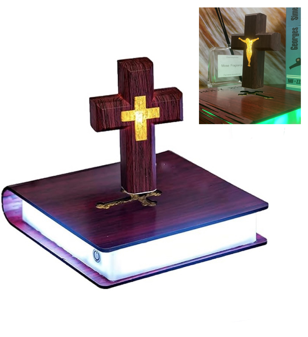 Image of Levitating Cross Lamp Floating Jesus & Bible Night Light Colorful Magnetic Levitation Cross Ornament Glowing Cross Light Home Desk Decoration