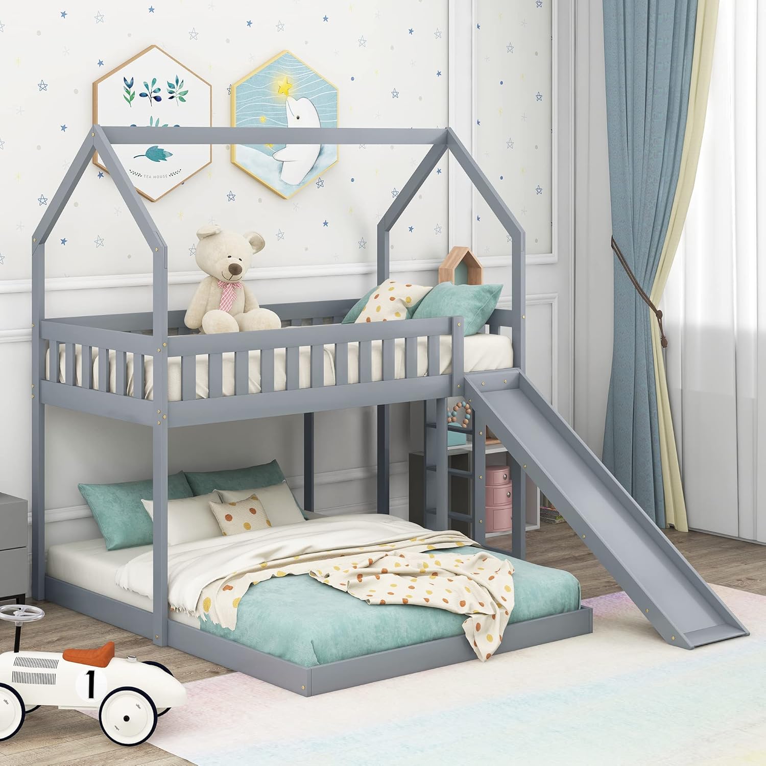 Tensun Wood Twin Over Full Bunk Bed with Slide, House Bunk Bed with Roof, Built-in Ladder and Full-Length Guardrail for Bedrooms, Boys/Girls, Kids, Toddlers and Teens, No Box Spring Needed, Grey Tensun Wood Twin Over Full Bunk Bed with Slide, House Bunk Bed with Roof, Built-in Ladder and Full-Length Guardrail for Bedrooms, Boys/Girls, Kids, Toddlers and Teens, No Box Spring Needed, Grey
