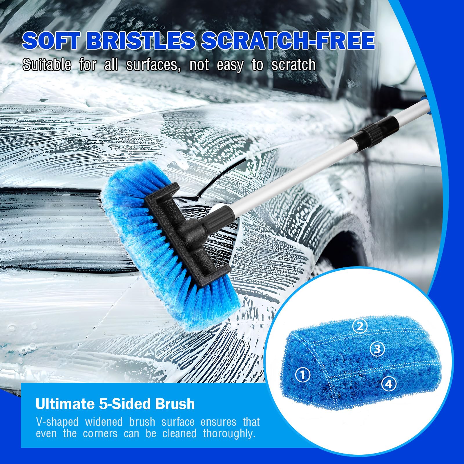 Farafox Car Cleaning Kit - 62'' Car Wash Brush with Long Handle,Complete Car Cleaning Brush Kit Microfiber Cleaning Head & Extra-Thick Aluminum Extension Pole for Car, Truck, SUV, RV