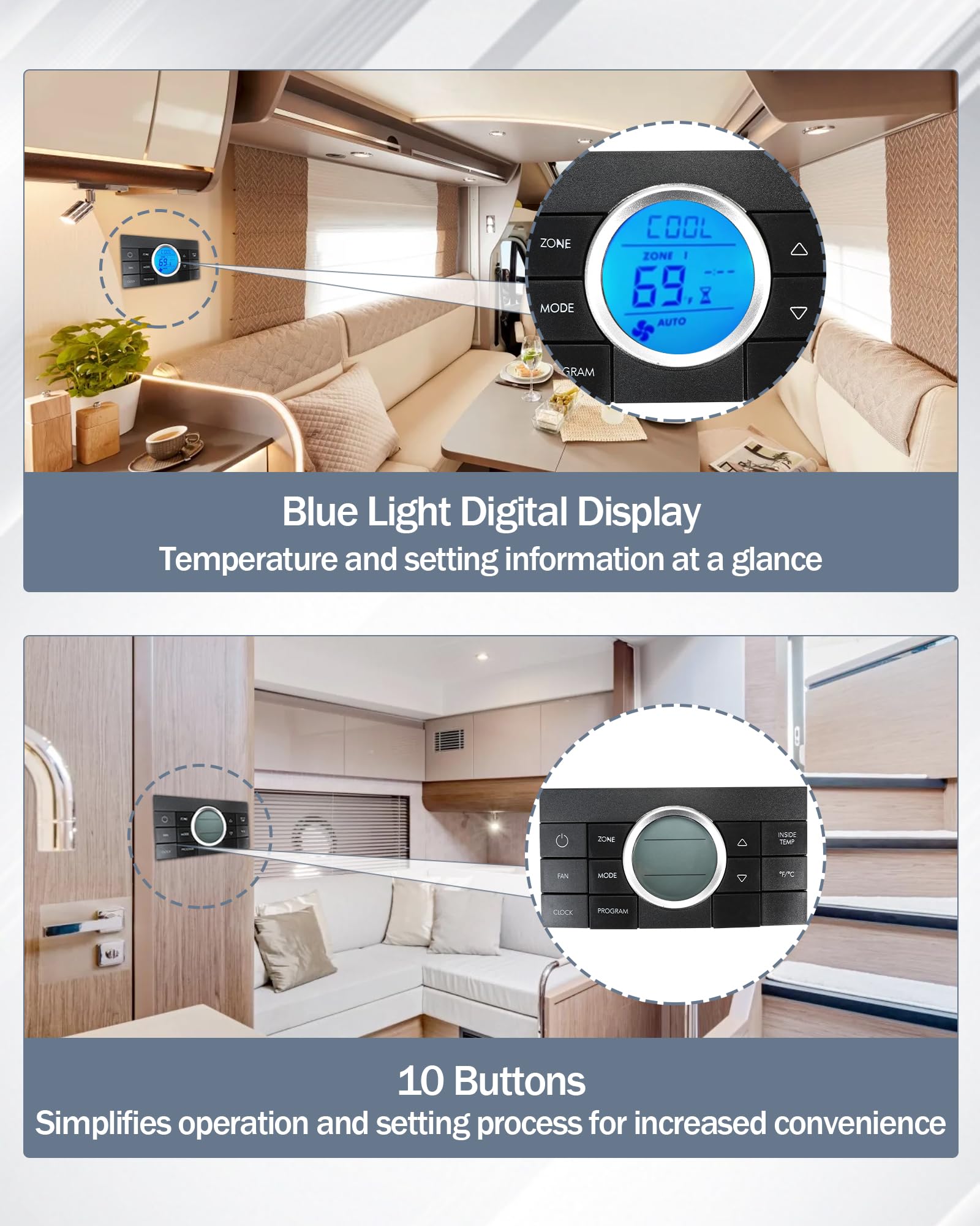 3314082.000 Termostato Centro Controllo Comfort Multi-Zone con Climatizzatore Zonato, Display Digitale Luce Blu, 10 Tasti Compatibile con Dometic Serie Climatizzatore
