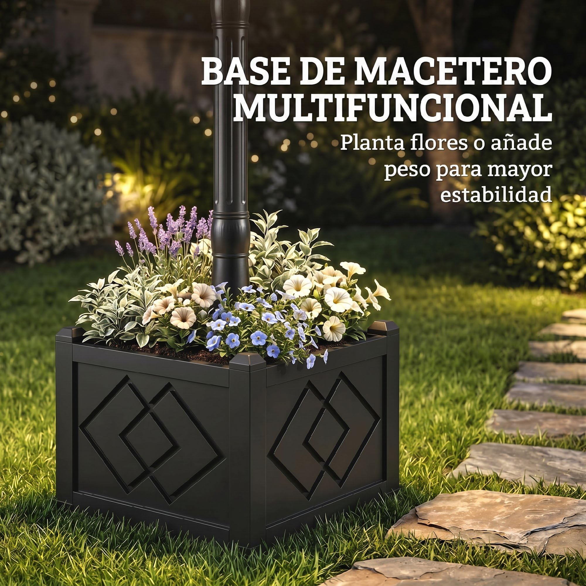 Outsunny Farola Solar Exterior de Jardín con Macetero 41,5x41,5x202,5 cm | Luz Solar de Exterior LED, 2 Modos de Brillo 100/50 lm, Impermeable IP44, Encendido/Apagado Automático, para Terraza, Patio