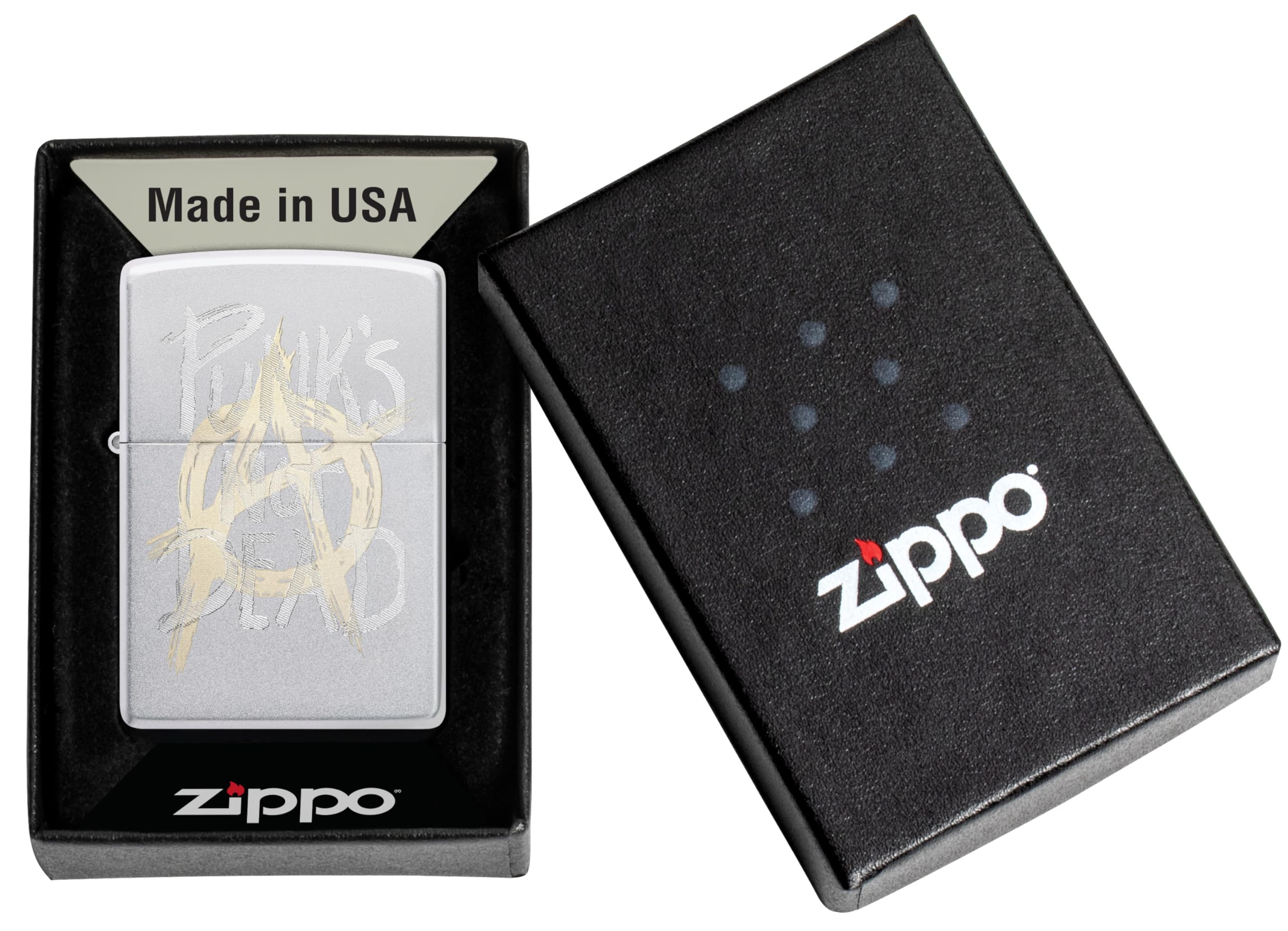 Zippo Encendedor a Prueba de Viento - Punk's Not Dead - Acabado Cromo Satinado con Grabado Láser - Recargable - Reutilizable - Diseño a Prueba de Viento - Caja de Regalo Hecho en EEUU