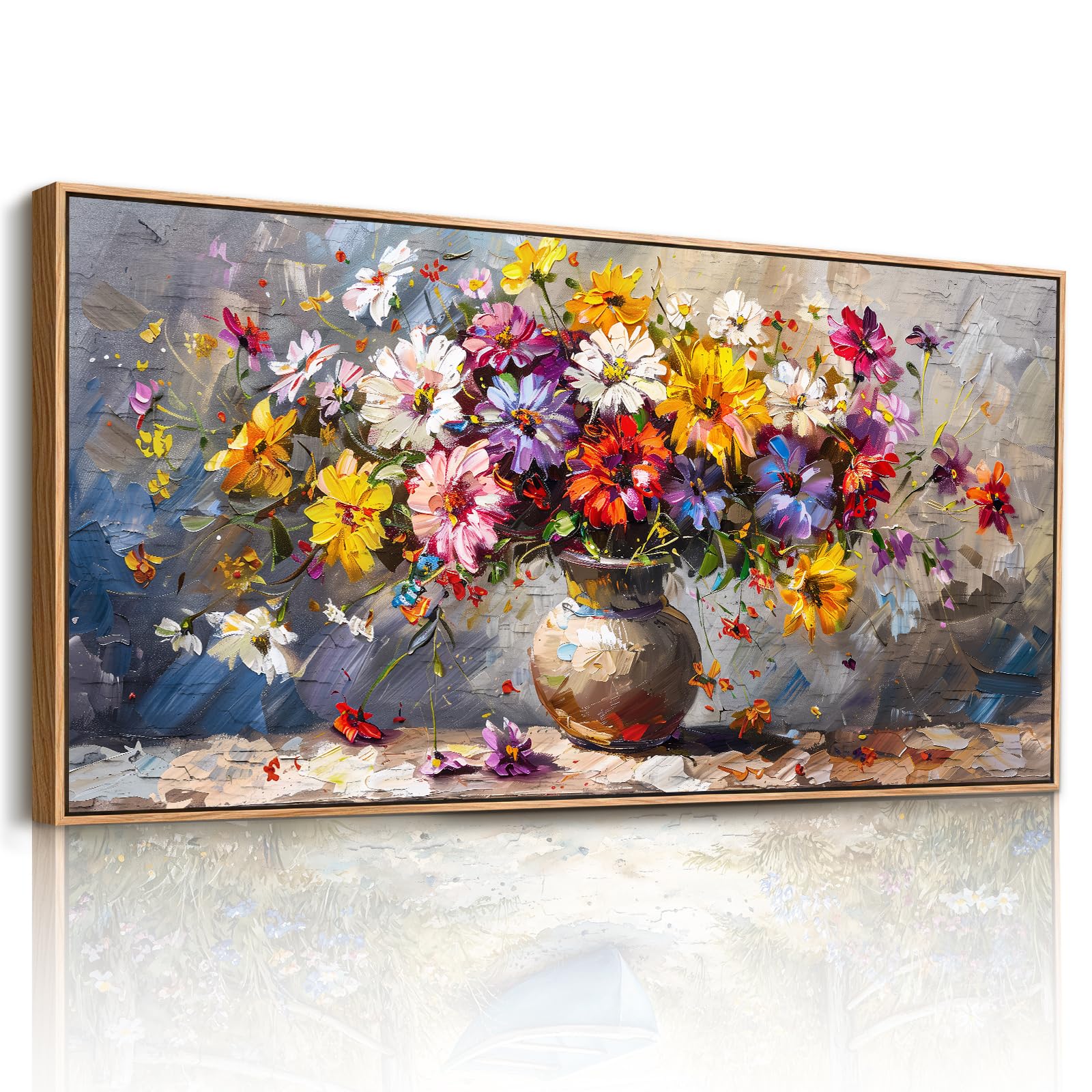 JHHUAMO Tableau Decoration Murale Salon, Grand Moderne Cadre Tableau Mural Décoratif Maison, Impression sur Toile Vegetale Naturelle Fleurs Colorées Vase pour Chambre Salle Bureau 50x100 cm